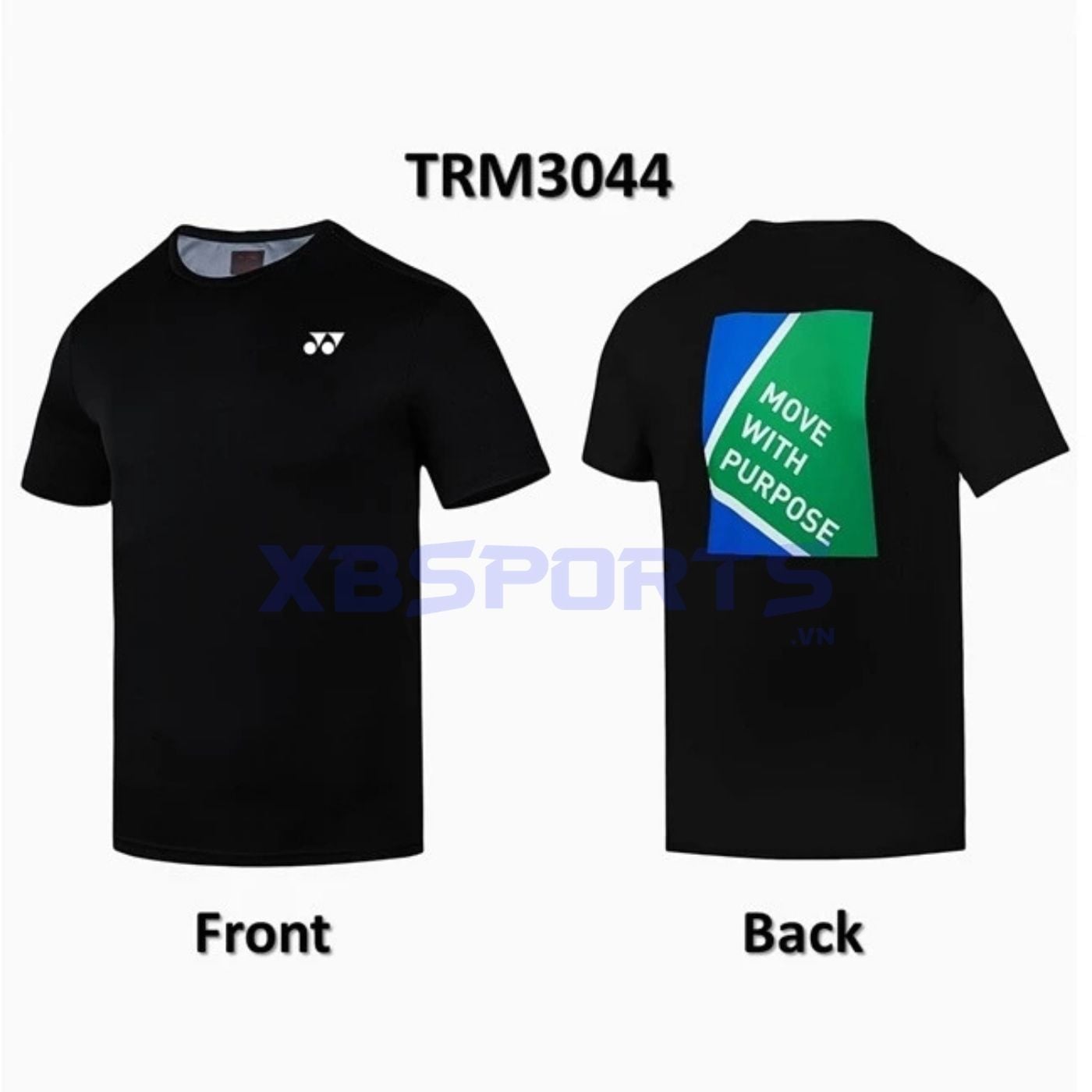 Hai mặt của áo thun thể thao màu đen: mặt trước trơn chỉ có logo Yonex trắng ở ngực trái, mặt sau in khối màu xanh lá và xanh dương cắt chéo kèm dòng chữ MOVE WITH PURPOSE