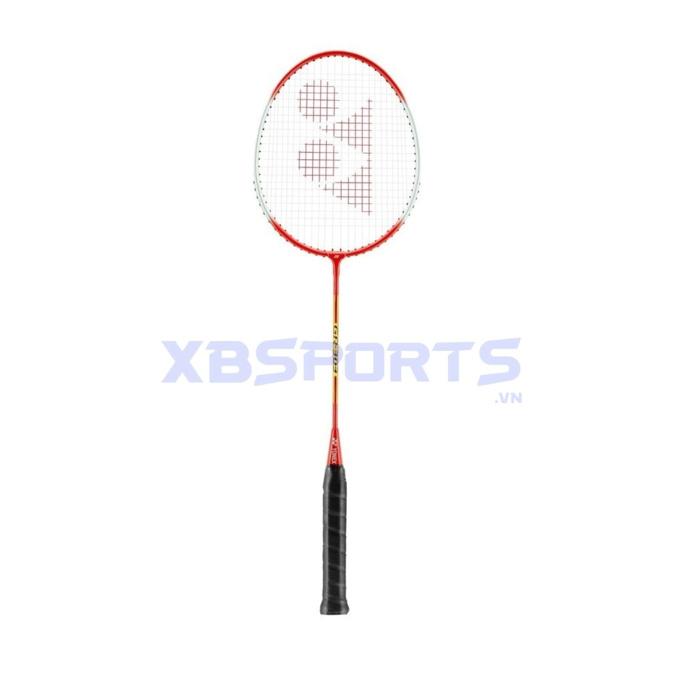 Vợt cầu lông khung nhôm màu đỏ tươi, logo Yonex đỏ in trên mặt lưới, trục thép đỏ, cán vợt quấn màu đen
