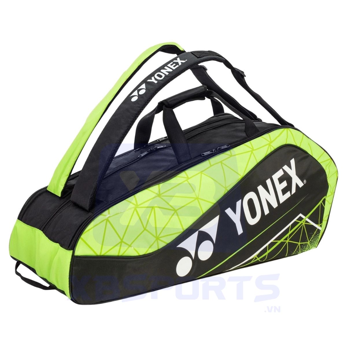 Túi cầu lông màu đen phối xanh lá chanh, logo YONEX màu trắng, họa tiết lưới tam giác phát sáng, dây đeo vai và quai xách đen