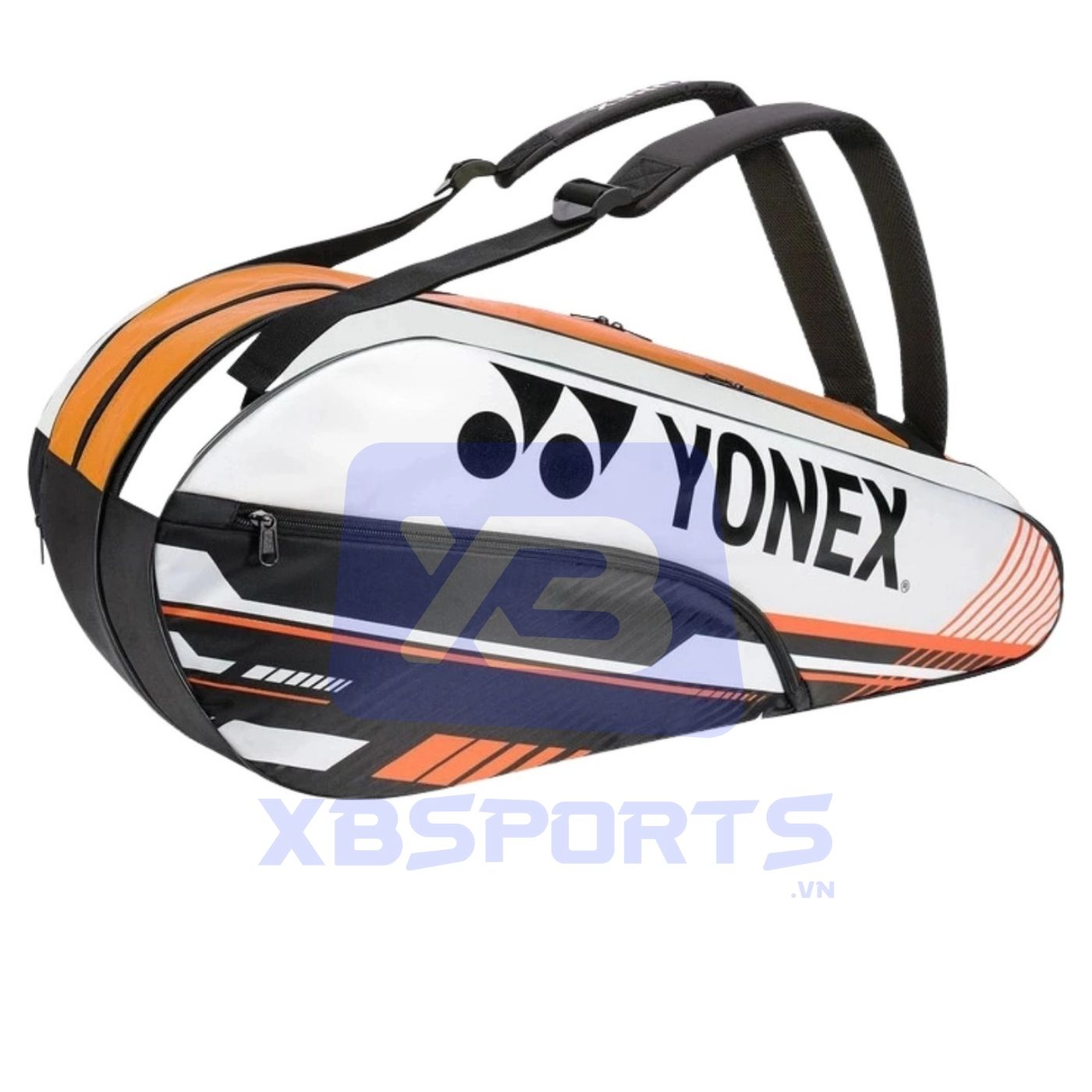 Túi cầu lông dáng hộp lớn màu trắng phối cam navy và đen, logo YONEX cỡ lớn, ngăn phụ có khóa kéo ở mặt trước, hai dây đeo vai kiểu ba lô và quai xách
