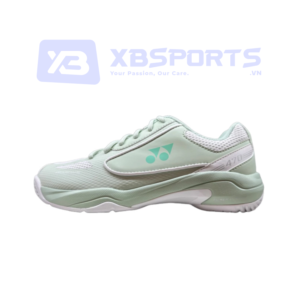 Giày cầu lông Yonex SHB 470CR màu xanh bạc hà pastel, logo YY xanh mint đậm, viền trắng chạy dọc thân giày, chữ 470 ở gót