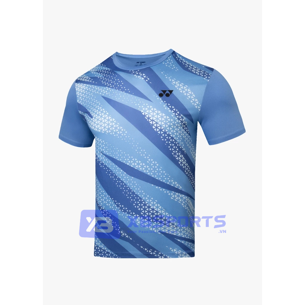 Áo cầu lông Yonex TRM3222 màu Cornflower Blue xanh dương pastel, cổ tròn, họa tiết sọc chéo xanh đậm kết hợp lưới chấm tam giác trắng phủ thân trước, logo Yonex đen ở ngực