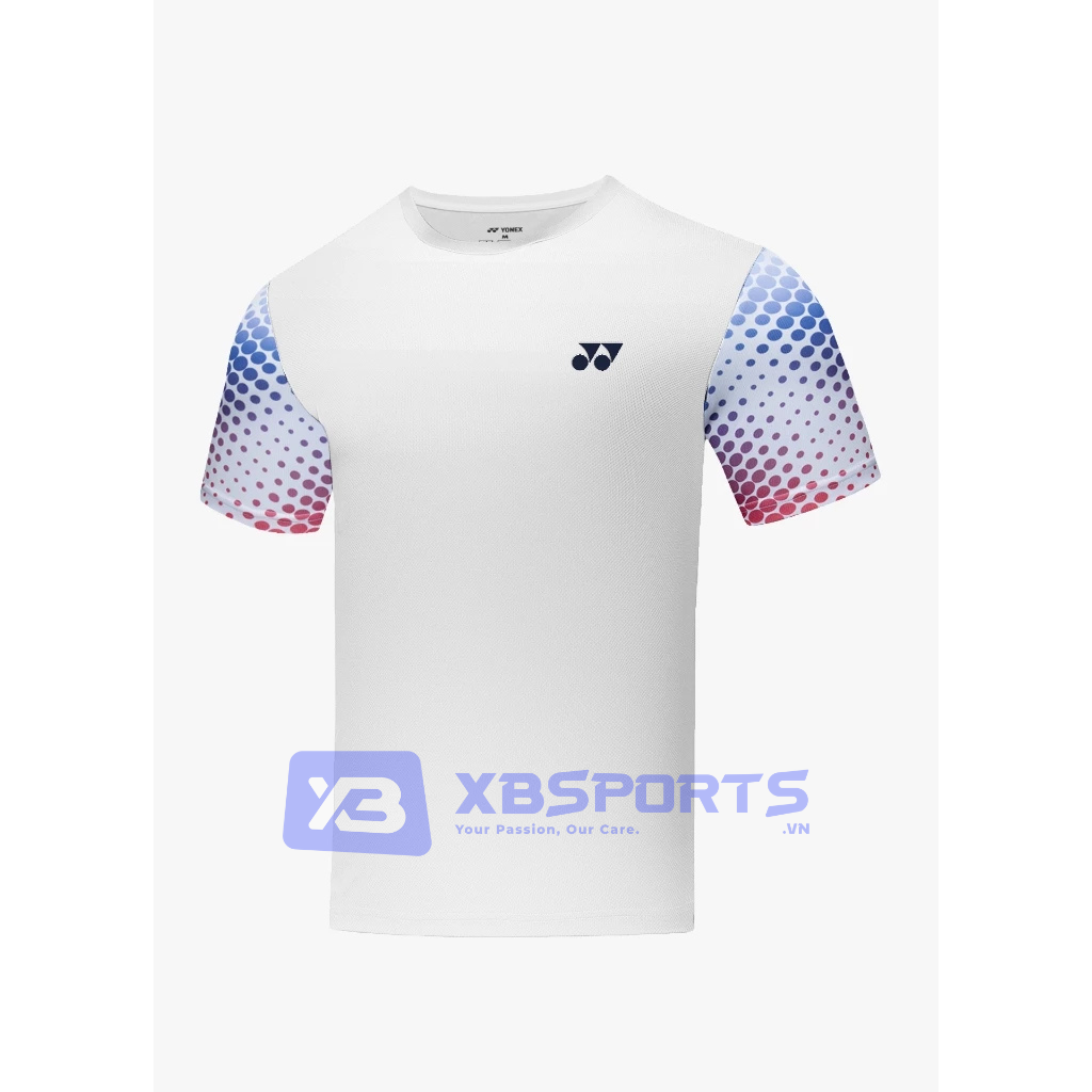 Áo cầu lông Yonex TRM3221 màu White thân trắng trơn, tay áo in họa tiết chấm bi gradient chuyển từ xanh dương sang đỏ, logo Yonex navy ở ngực