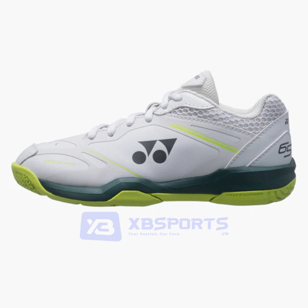 Giày cầu lông Yonex SHB 65Z4 VA màu trắng, viền và đế giữa xanh lá chanh, đế ngoài xanh rêu đậm, logo Yonex xám ở thân giày, nhìn nghiêng