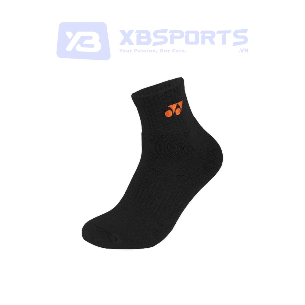 Vớ Yonex 1055 MP9 10cm màu đen phối Orange Peel, kiểu cổ ngắn 10cm, thân dệt gân co giãn, logo Yonex màu cam nổi bật ở cổ vớ