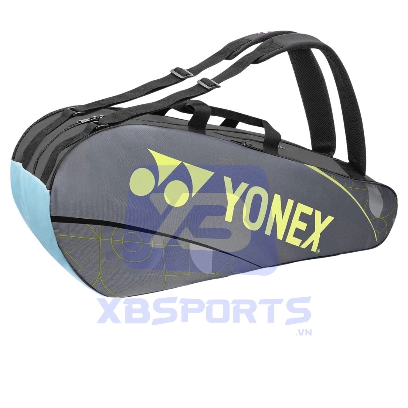 Túi cầu lông dáng hộp dài màu xám phối xanh mint và vàng chanh, logo YONEX cỡ lớn, hai quai xách và hai dây đeo vai kiểu ba lô, hai khóa kéo ngăn chính