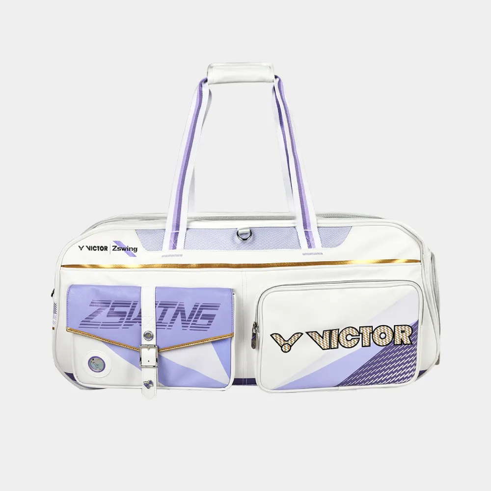 Túi cầu lông Victor BR5680ZSW 2.0 nhìn nghiêng, thấy rõ dáng hộp và độ dày thân túi, nhãn VICTOR Zswing ở ngăn trên, viền đồng vàng chạy ngang thân