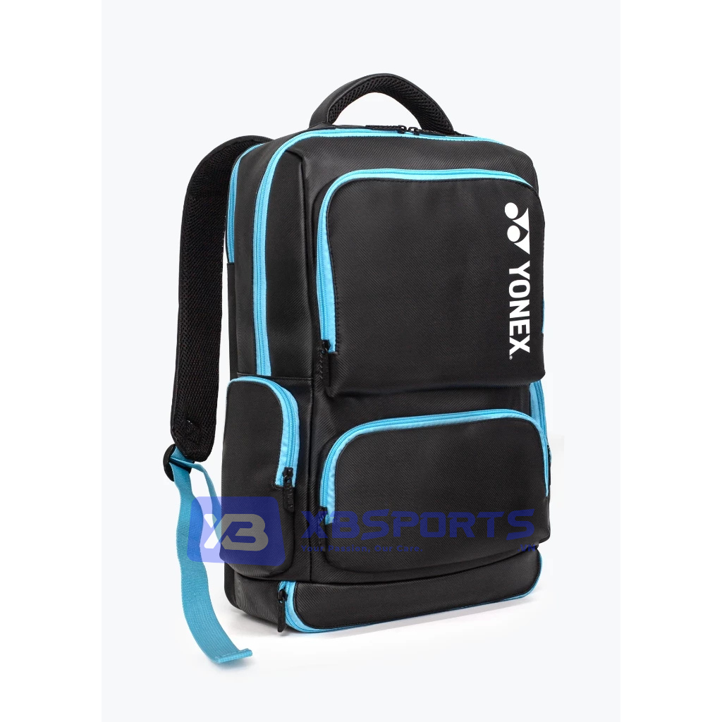 Balo cầu lông Yonex BAG525B1212Z màu Jet Black đen, viền khóa kéo xanh cyan, dáng vuông vức nhiều ngăn, logo YONEX trắng dọc thân