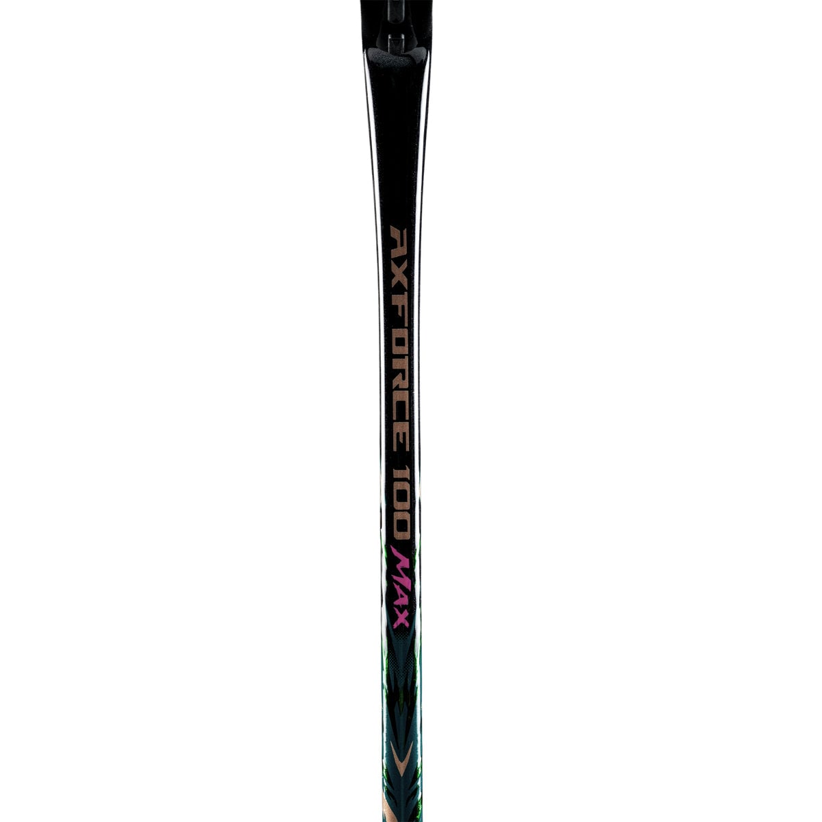 Cận cảnh đũa vợt Lining Axforce 100 Gen 2 Max in chữ AXFORCE 100 màu đồng và chữ MAX màu hồng tím trên nền đen bóng, phần dưới đũa chuyển xanh lục