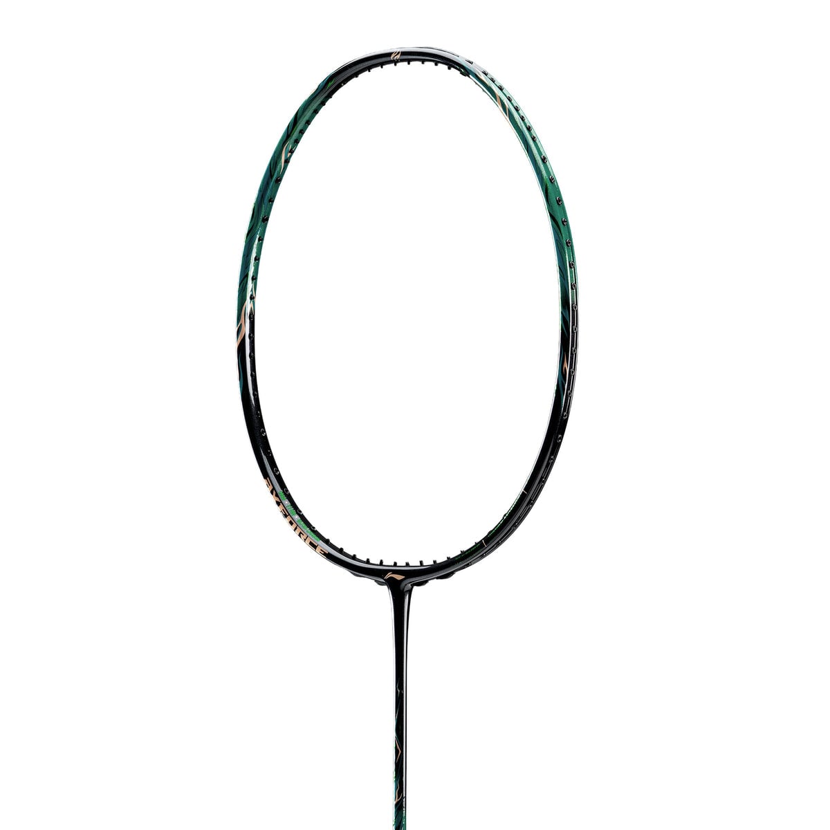 Cận cảnh khung vợt Lining Axforce 100 Gen 2 Max nhìn thẳng, khung đen chuyển xanh lục đậm với họa tiết đồng vàng, logo Li-Ning ở đáy khung, chữ Axforce ở vai khung dưới