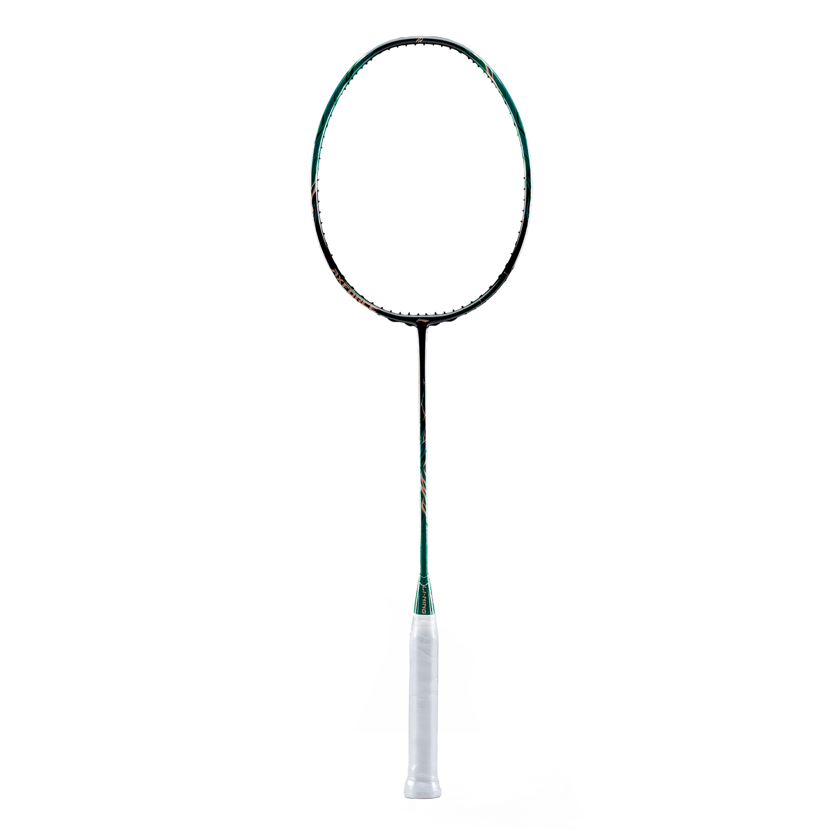 Vợt cầu lông Lining Axforce 100 Gen 2 Max nguyên cây, khung đen chuyển xanh lục đậm với họa tiết đồng vàng, đũa đen chuyển xanh lục, cán bọc trắng, logo Li-Ning ở đáy khung
