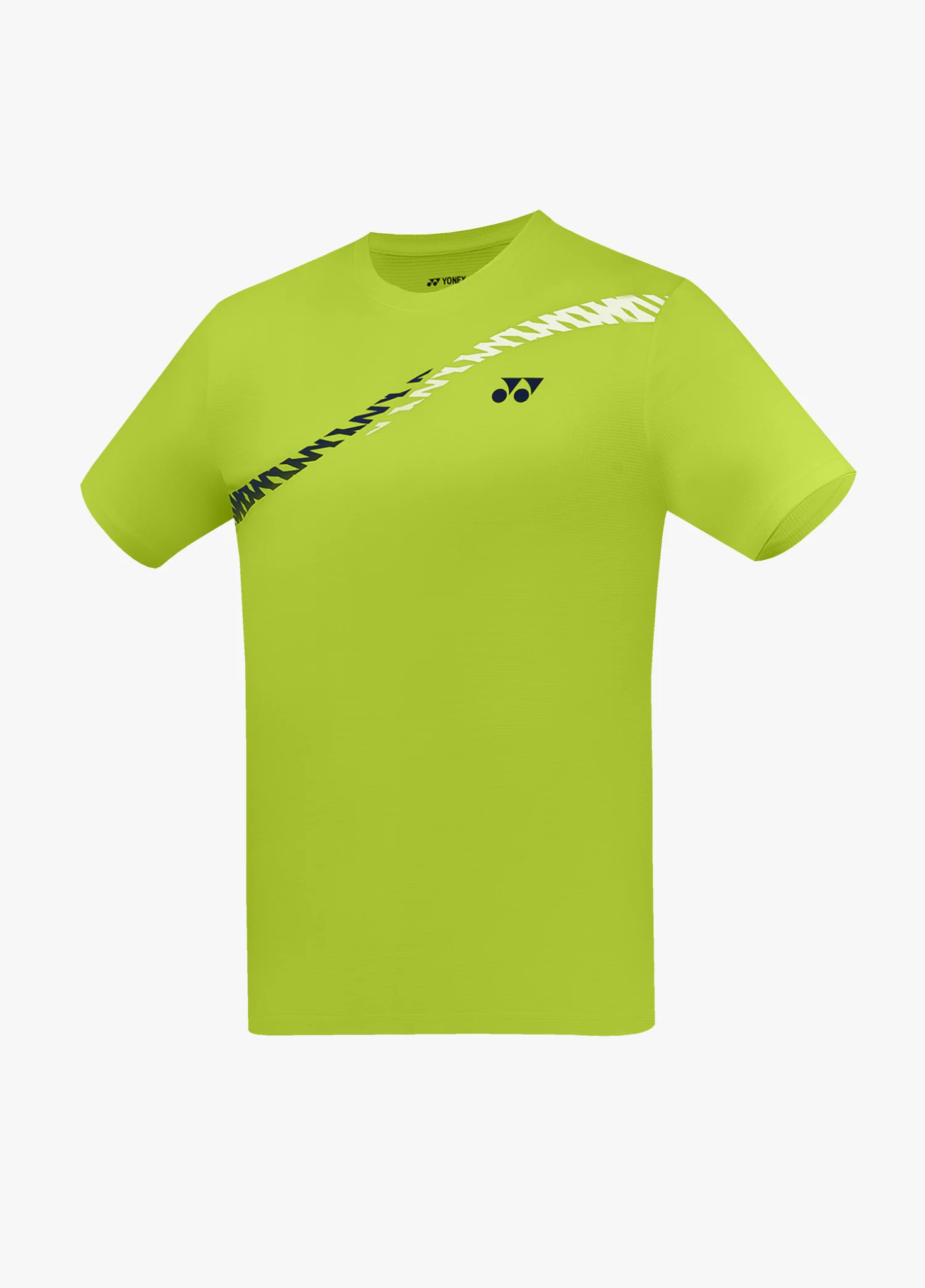 Áo cầu lông Yonex TRM3494 màu Acid Lime xanh chuối nõn, dải chữ YONEX đen chạy chéo từ vai trái xuống ngực, logo Yonex đen