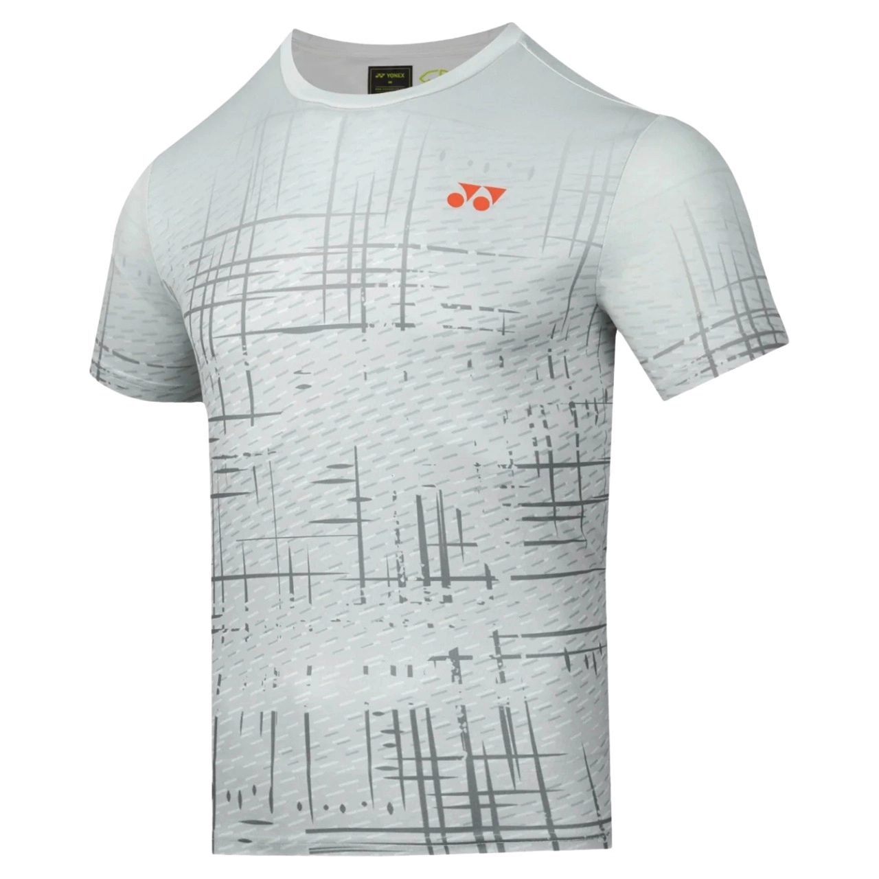 Áo cầu lông Yonex TRM2968 màu Glacier Gray, cổ tròn tay ngắn, họa tiết nét kẻ đan chéo màu xám trên nền trắng xám, logo Yonex màu cam đỏ ở ngực phải