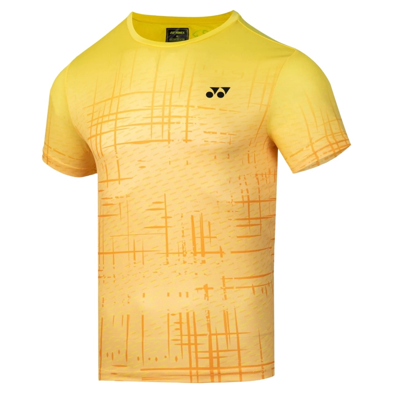 Áo cầu lông Yonex TRM2968 màu Lemon Zest, cổ tròn tay ngắn, họa tiết nét kẻ đan chéo màu cam trên nền vàng nghệ chuyển sắc, logo Yonex đen ở ngực phải