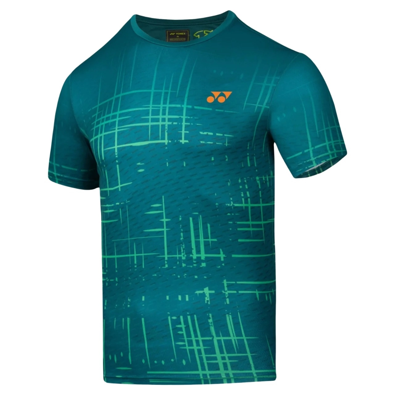 Áo cầu lông Yonex TRM2968 màu Teal Green, cổ tròn tay ngắn, họa tiết nét kẻ đan chéo màu xanh lá nhạt trên nền xanh lam đậm, logo Yonex màu cam ở ngực phải