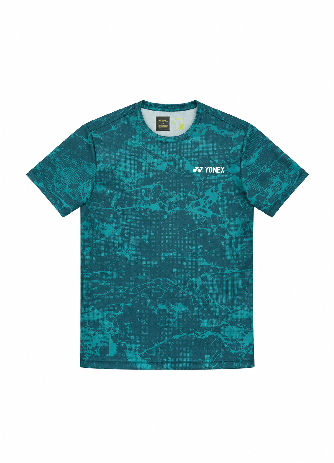 Áo cầu lông Yonex TRM2963 màu xanh Teal Green, cổ tròn tay ngắn, họa tiết vân địa hình in chìm màu xanh ngọc trên nền xanh lam đậm, logo Yonex trắng ở ngực phải