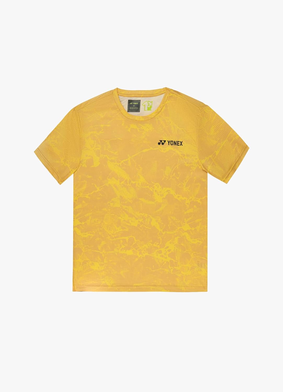 Áo cầu lông Yonex TRM2963 màu vàng Lemon Zest, cổ tròn tay ngắn, họa tiết vân địa hình in chìm cùng tông vàng phủ toàn thân, logo Yonex đen nhỏ ở ngực phải