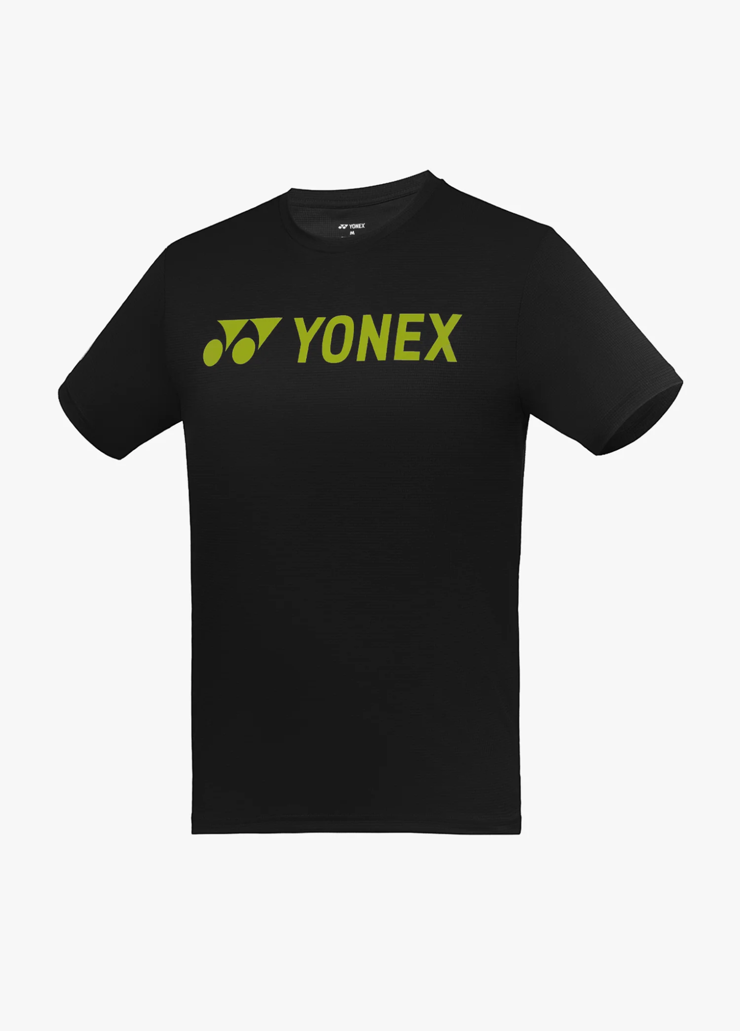 Áo cầu lông Yonex TRM3502 màu đen trơn, logo YONEX chữ lớn màu xanh chanh acid lime in ngang ngực, cổ tròn