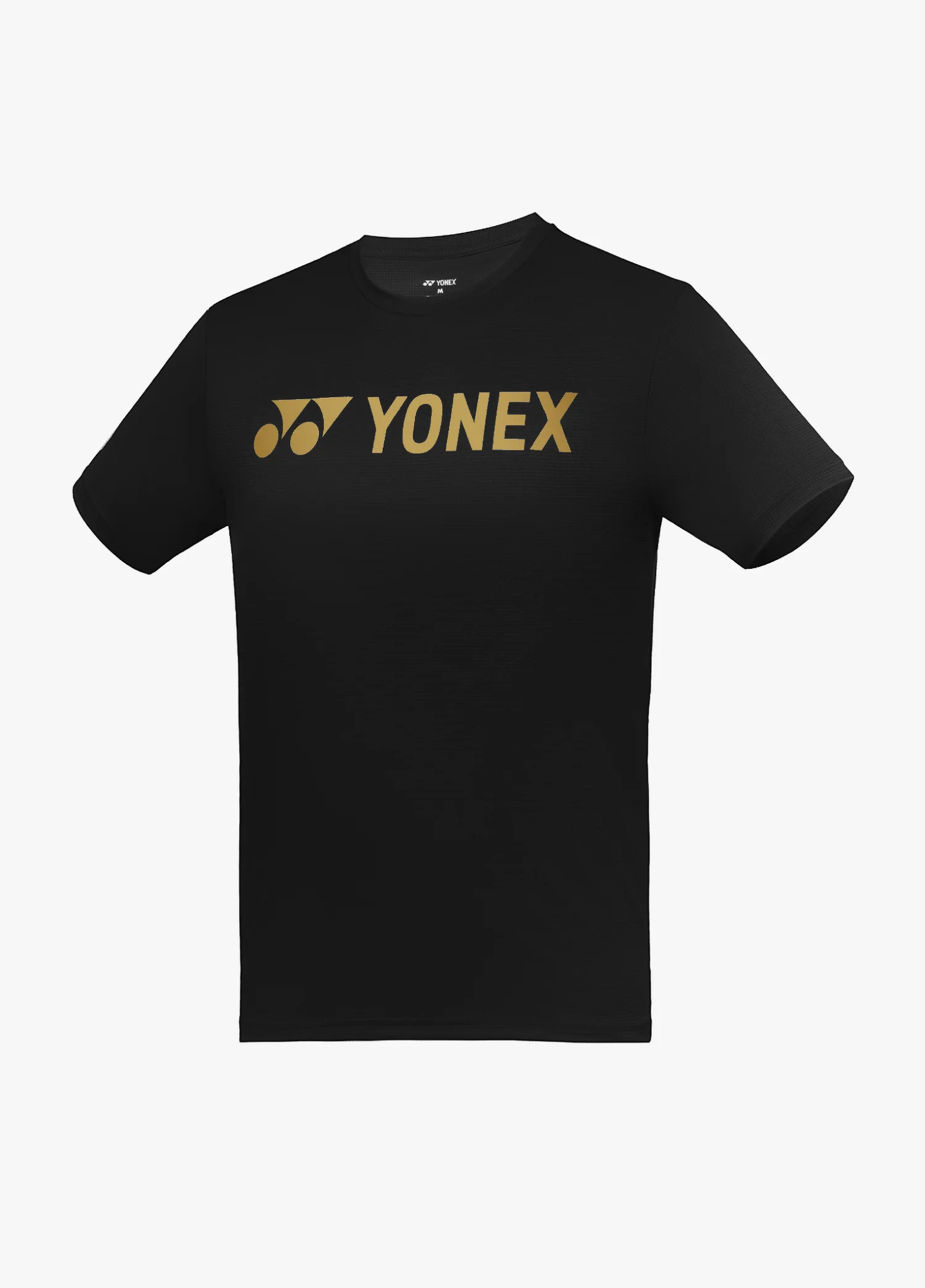 Áo cầu lông Yonex TRM3502 màu đen trơn, logo YONEX chữ lớn màu vàng đồng in ngang ngực, cổ tròn