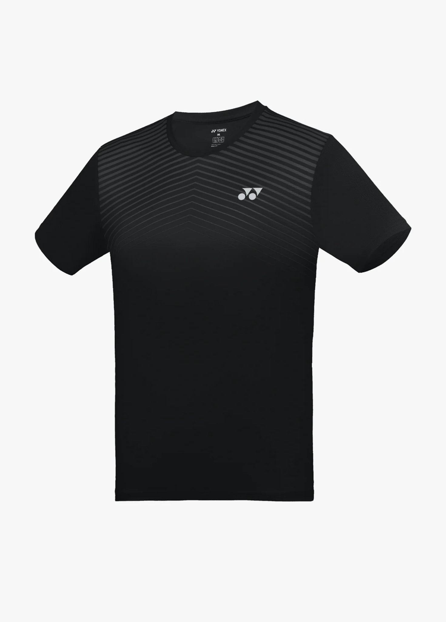 Áo cầu lông Yonex TRM3500 màu đen Jet Black, họa tiết đường kẻ mảnh hình chữ V màu xám ở vai và ngực trên mờ dần xuống thân, logo Yonex xám bạc giữa ngực