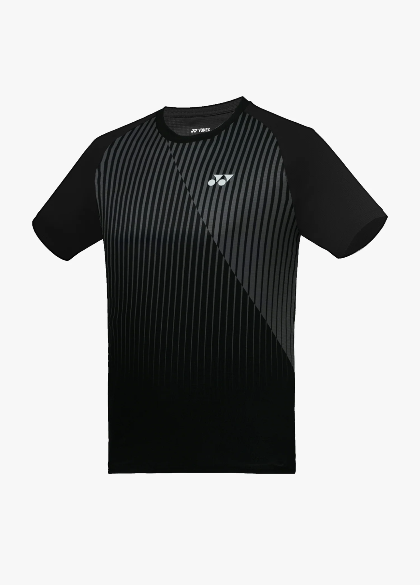 Áo cầu lông Yonex TRM3497 màu Jet Black đen, cổ tròn tay raglan, sọc dọc mảnh xám và mảng chéo chuyển sắc qua ngực