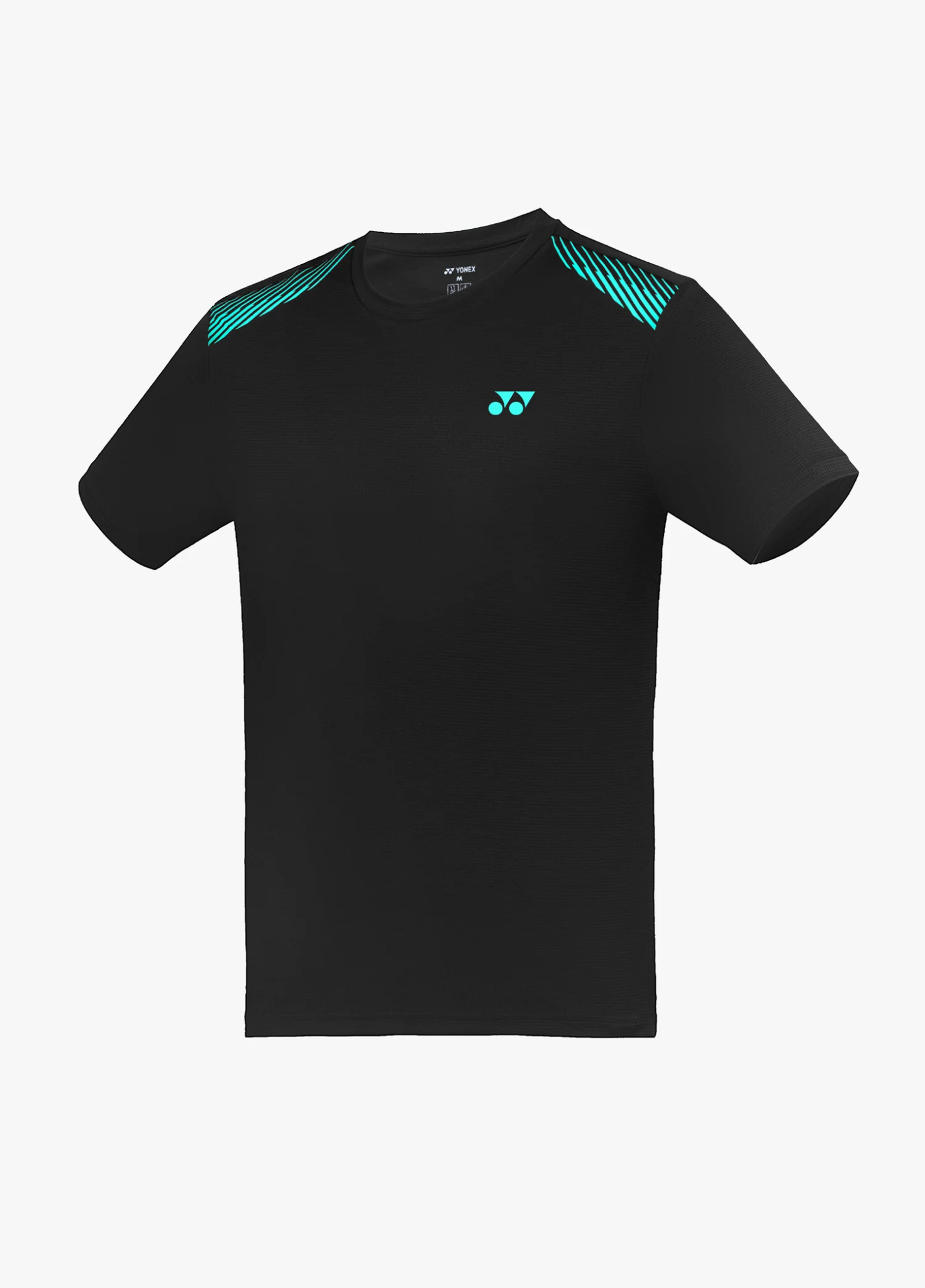 Áo cầu lông Yonex TRM3495 màu Jet Black đen, vạch chéo xanh ngọc mint trên hai vai, logo Yonex xanh ngọc