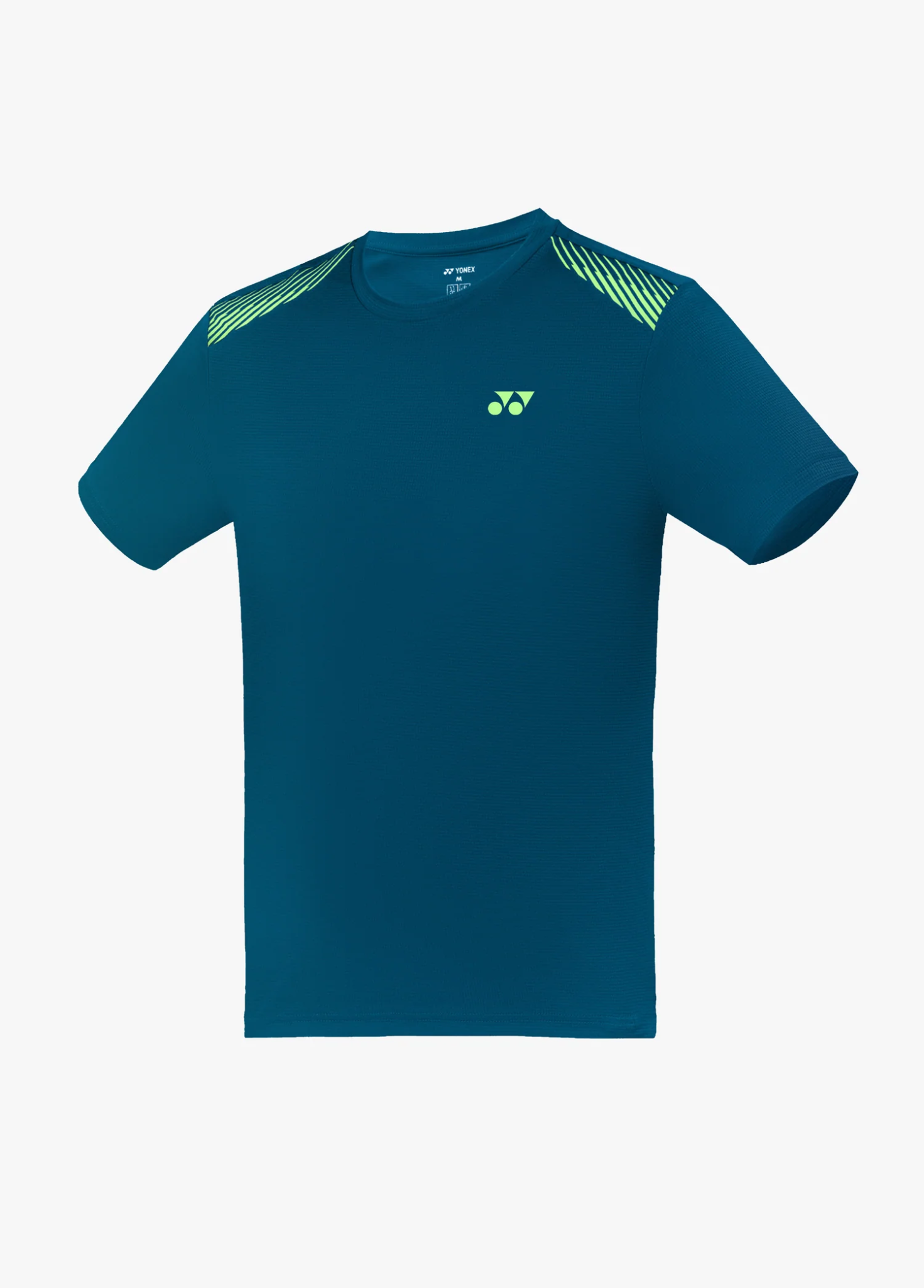 Áo cầu lông Yonex TRM3495 màu Celestial xanh teal đậm, vạch chéo xanh lá chanh và xanh ngọc trên hai vai, logo Yonex xanh lá chanh