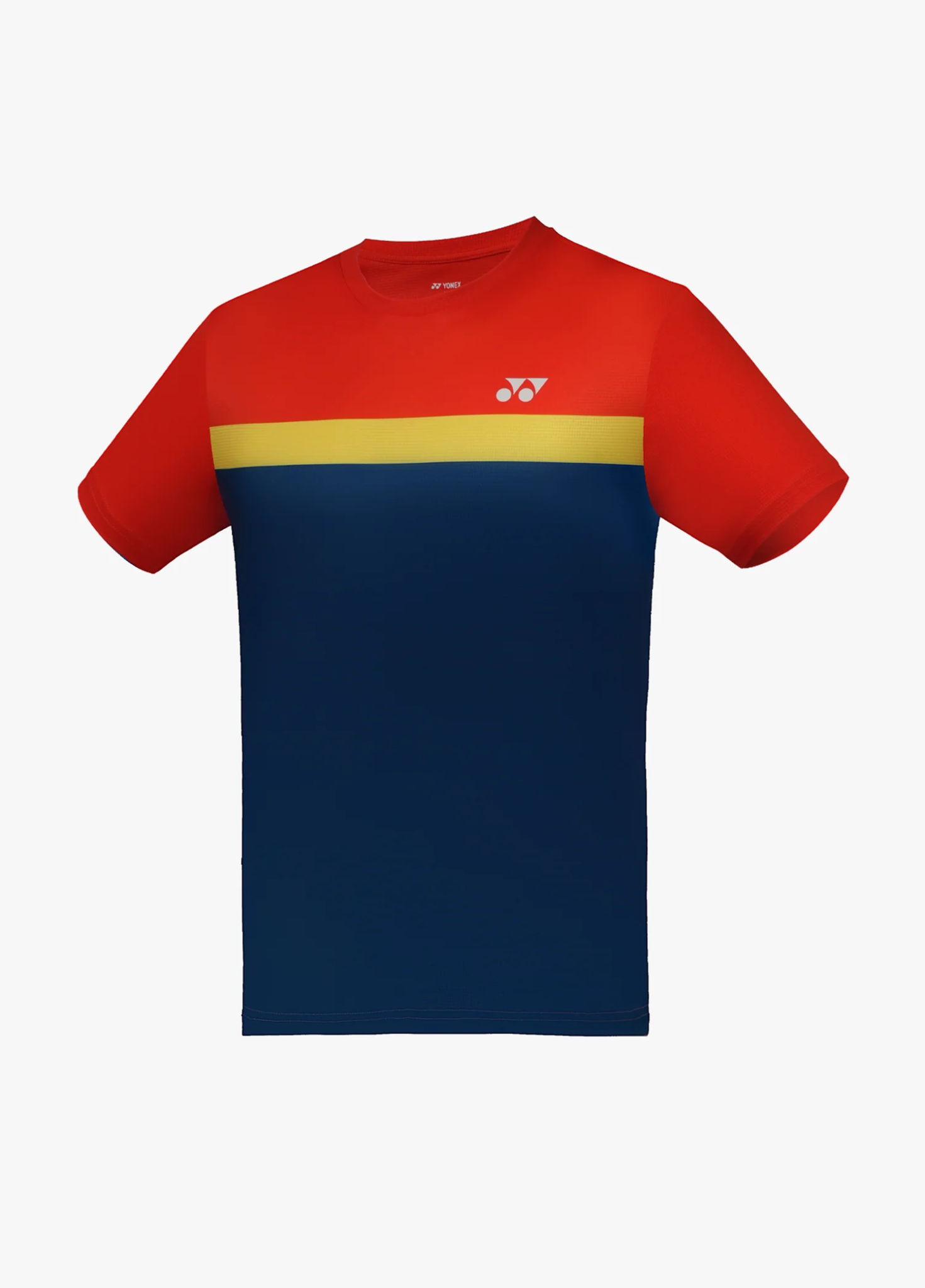 Áo cầu lông Yonex TRM3480 màu Cherry Tomato, tầng trên đỏ tươi, dải ngang vàng qua ngực, tầng dưới navy