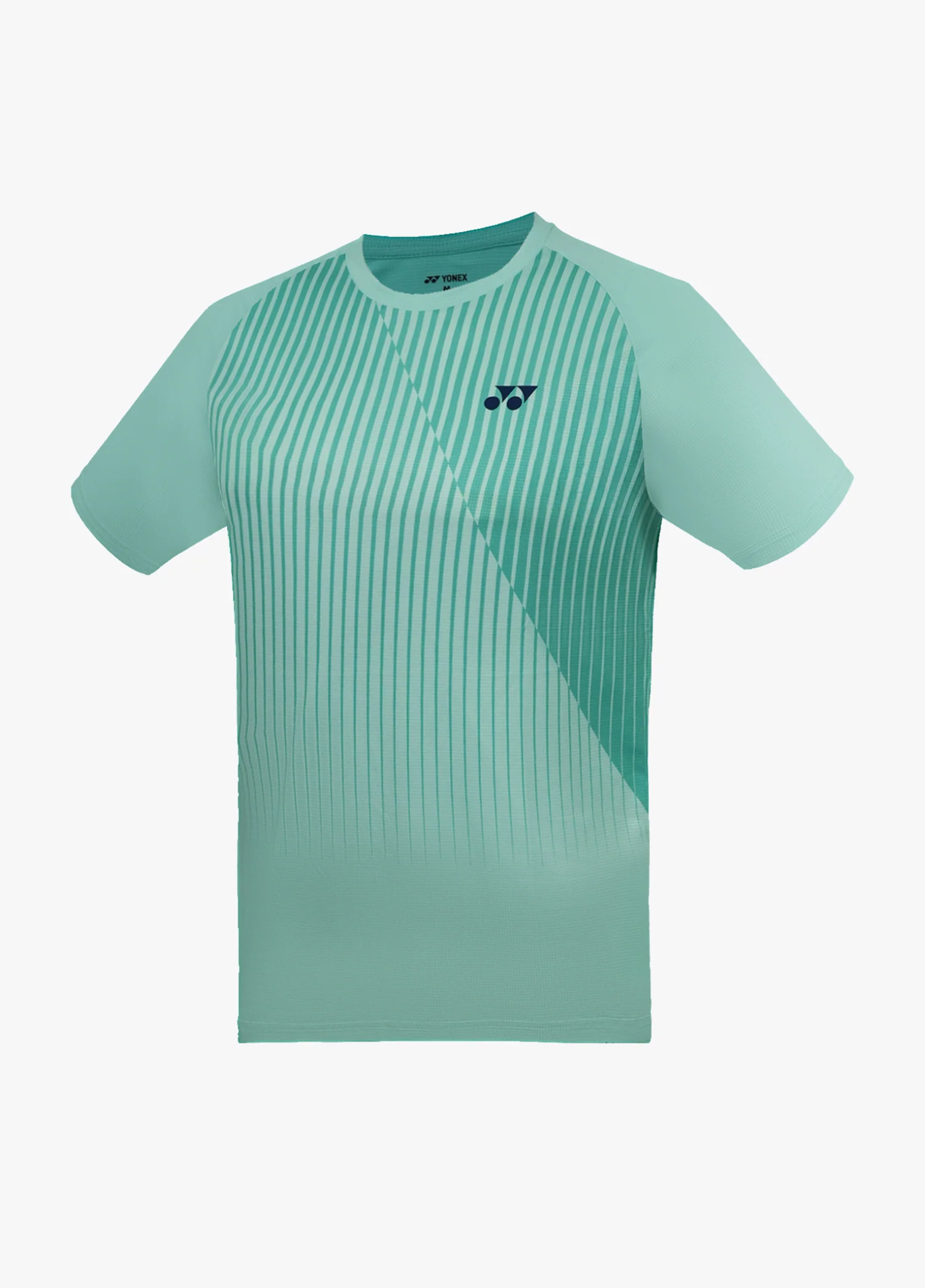Áo cầu lông Yonex TRM3497 màu Cockatoo xanh mint nhạt, cổ tròn tay raglan, sọc dọc mảnh phủ thân và mảng chéo chuyển sắc qua ngực