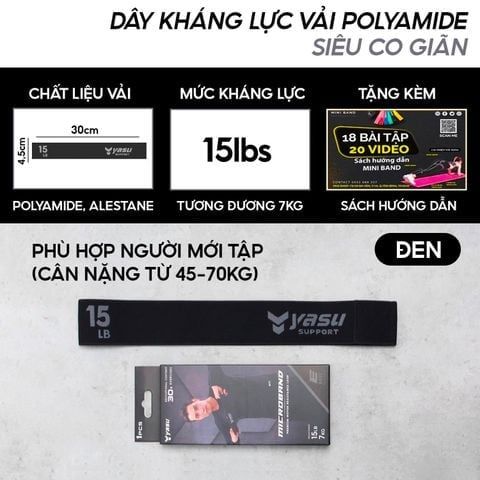 Dây kháng lực vải bản nhỏ miniband YASU 3609 chất liệu co dãn Polyamide, Alestane