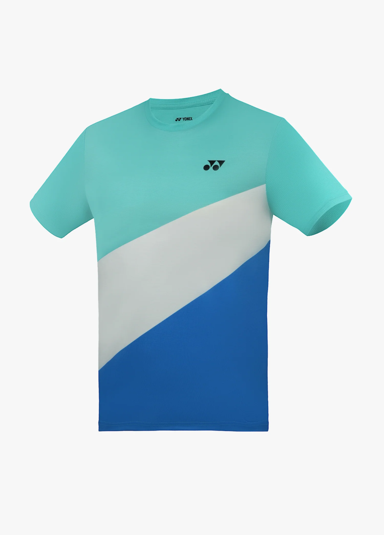 Áo cầu lông Yonex TRM3485 màu Dusky Aqua, thân chia ba mảng cắt chéo xanh ngọc ở trên, dải trắng xám ở giữa, xanh dương ở dưới