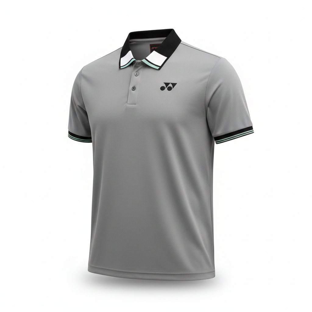 Áo cầu lông polo Yonex TPM3259 màu Wild Dove xám, cổ bẻ phối màu đen trắng xanh nhiều lớp, khuy cài, viền tay tương phản, logo Yonex đen ở ngực