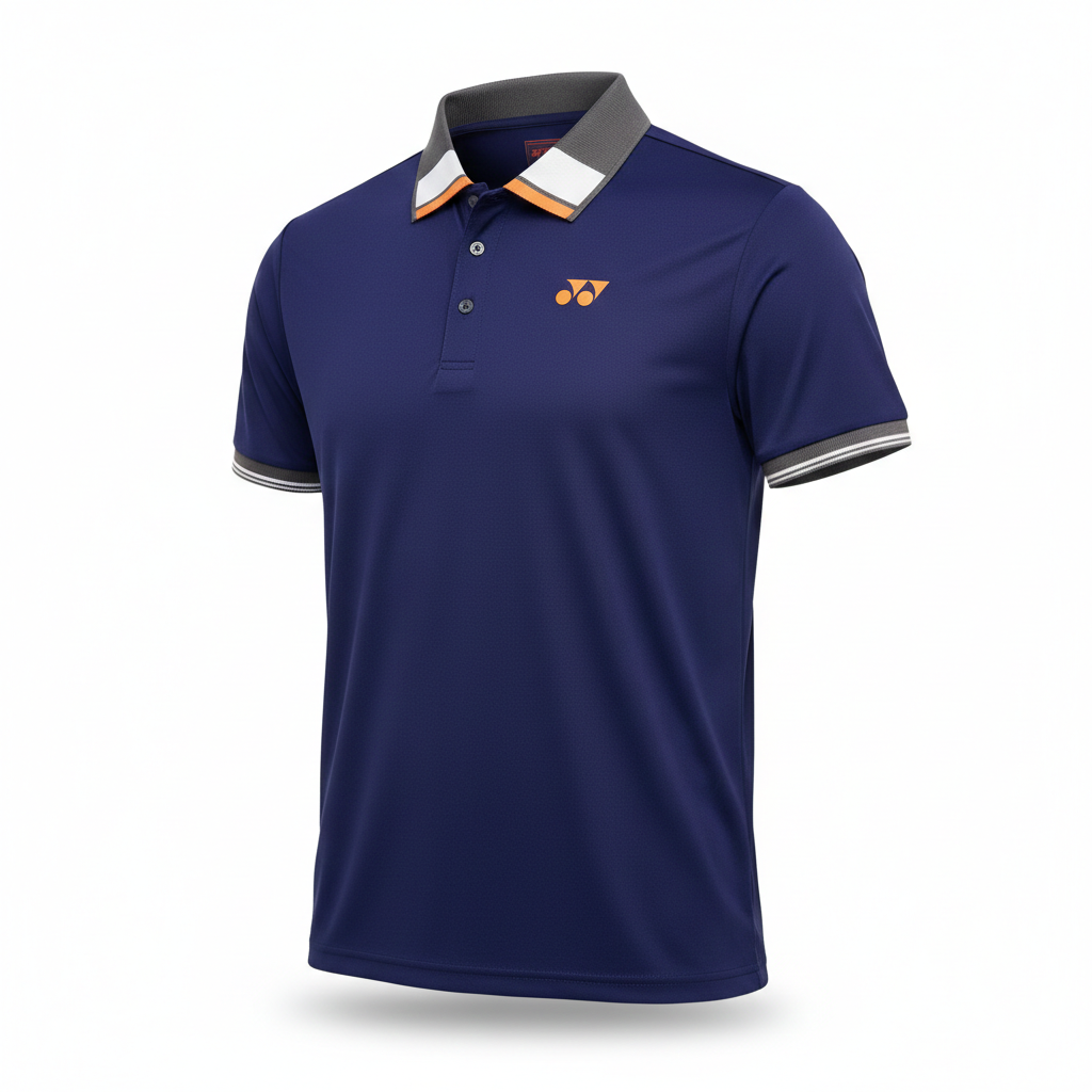 Áo cầu lông polo Yonex TPM3259 màu Patriot Blue xanh navy, cổ bẻ phối màu xám trắng cam nhiều lớp, khuy cài, viền tay tương phản, logo Yonex cam ở ngực