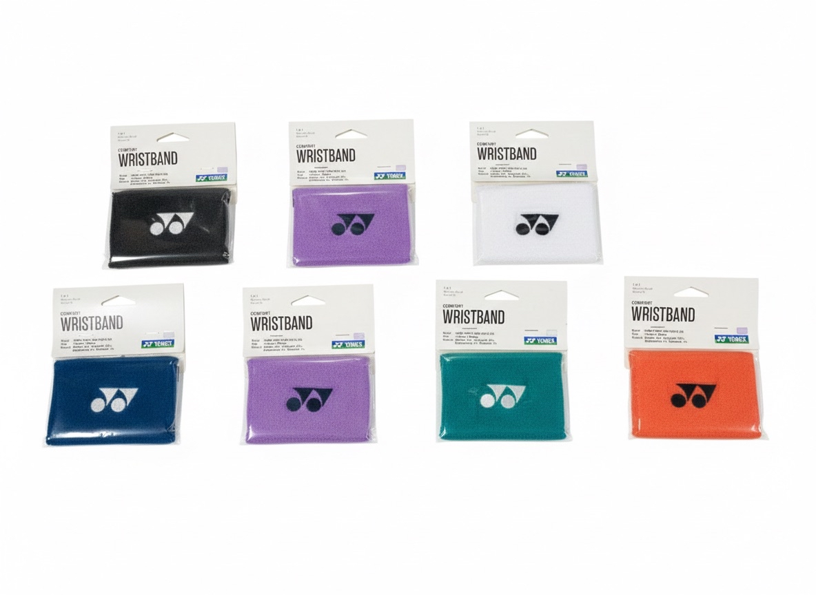 Các gói băng chặn mồ hôi Yonex Comfort Wristband WB 11488 nhiều màu đen, tím, trắng, xanh navy, xanh ngọc, cam, mỗi gói một chiếc, logo Yonex nổi ở giữa