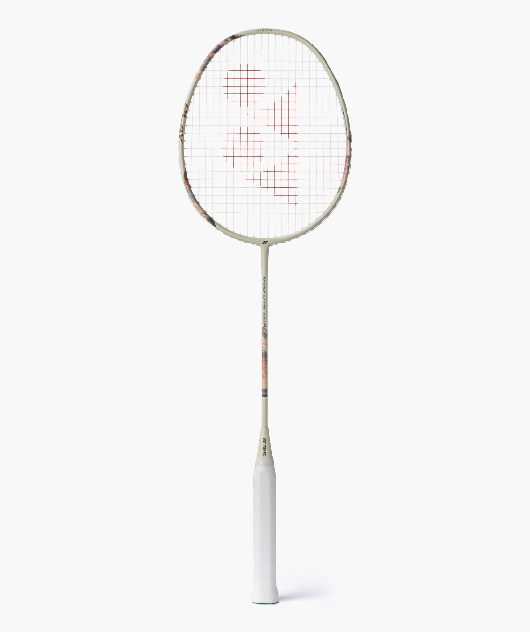 Vợt cầu lông Yonex Nanoflare 700 Play 2026 màu be kem toàn thân, họa tiết loang cam hồng ở khung và cổ đũa, dây trắng logo YY đỏ, cán quấn trắng