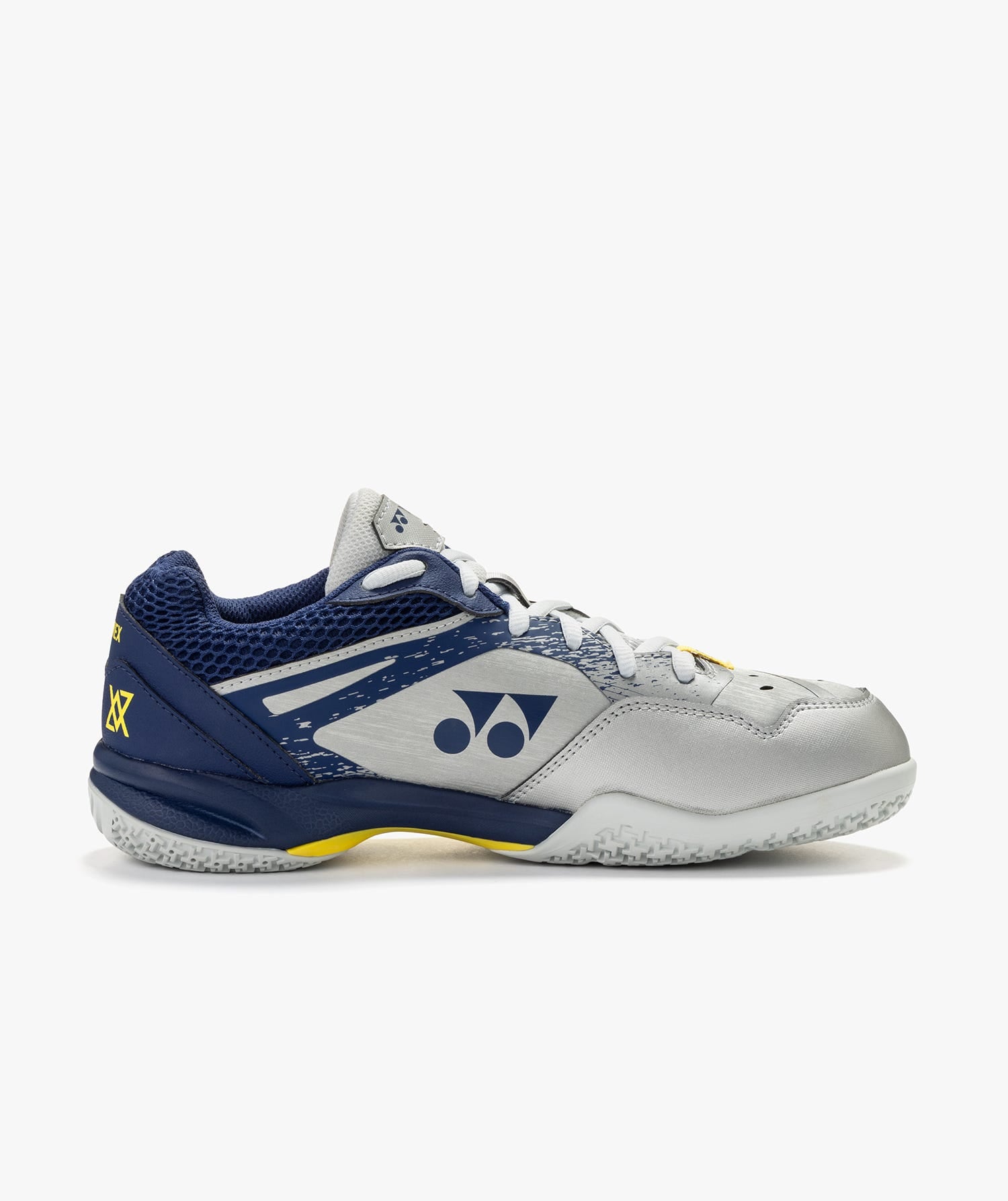 Giày cầu lông Yonex SHB 65X4 VA màu Silver Navy nhìn từ mặt trong, thân bạc xám, cổ và gót xanh navy in logo VA vàng chanh, đế ngoài trắng ngà pha navy