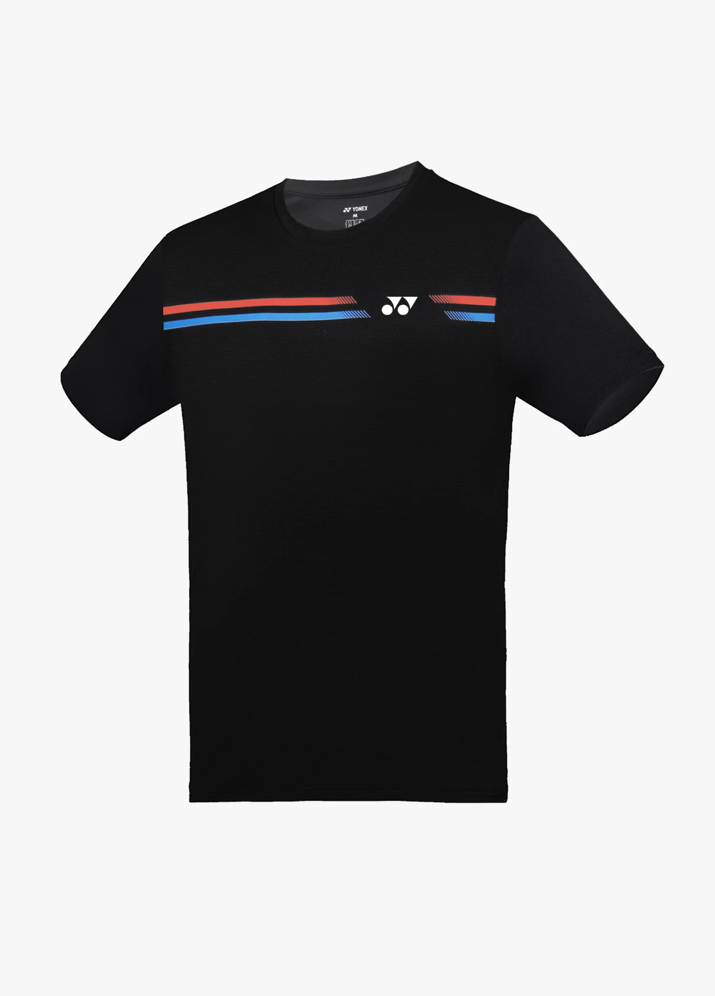 Áo cầu lông Yonex TRM3493 màu Jet Black đen, hai đường sọc ngang đỏ và xanh dương chạy qua ngực ngắt ở logo Yonex trắng