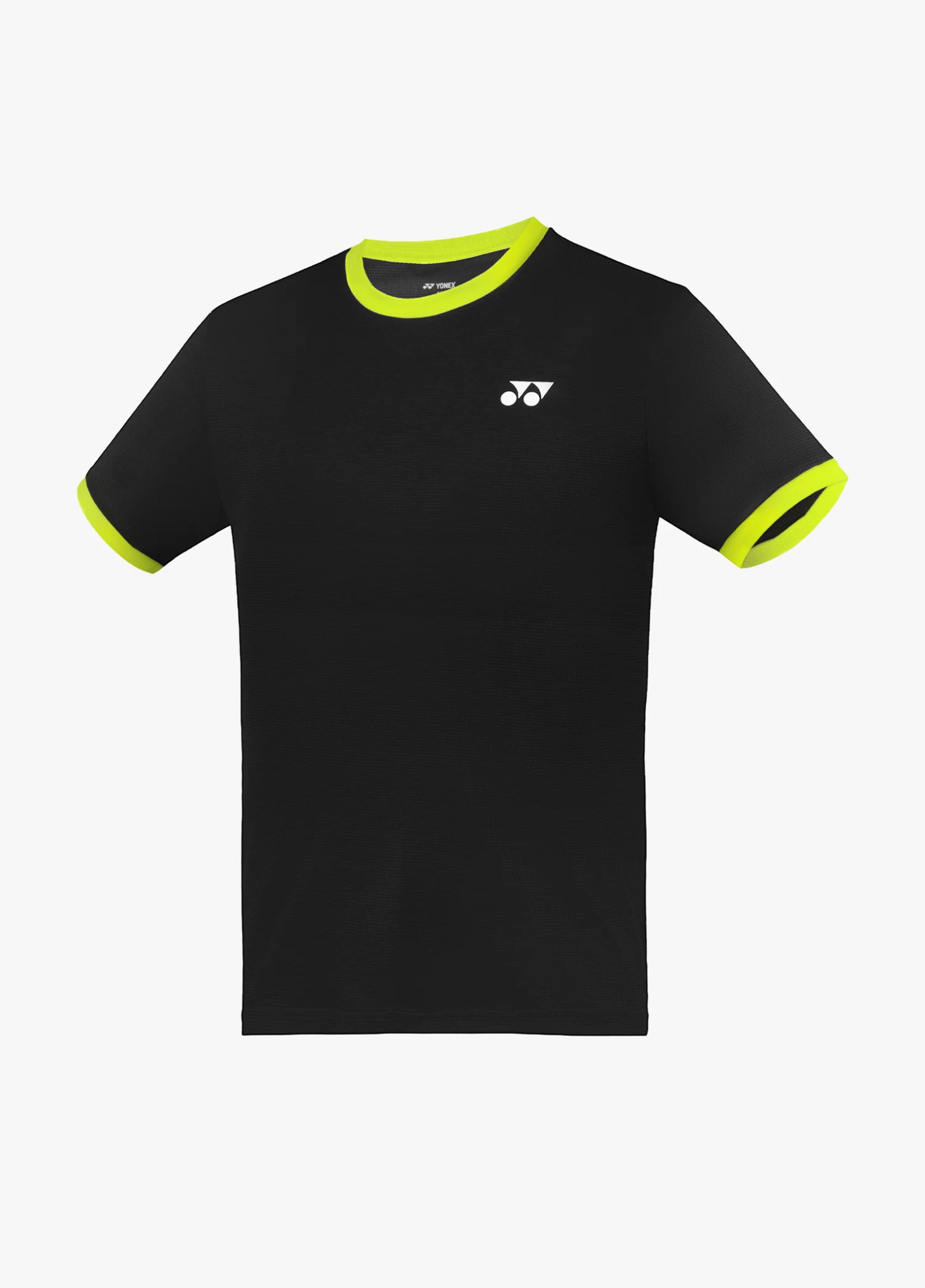 Áo cầu lông Yonex TRM3490 màu Jet Black đen, thân trơn, bo cổ và bo cửa tay vàng chanh neon, logo Yonex trắng