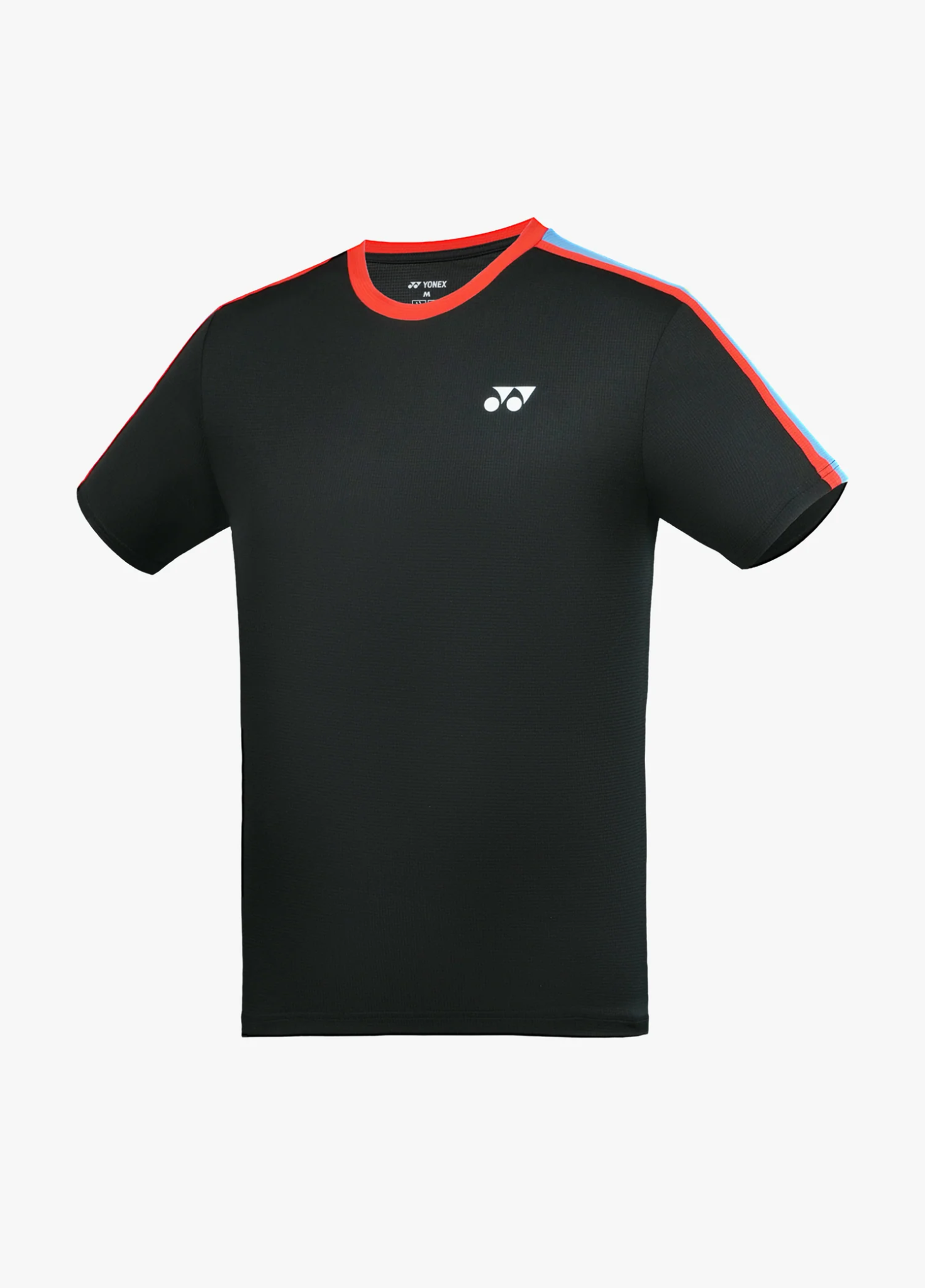 Áo cầu lông Yonex TRM3488 màu Jet Black đen, thân trơn, bo cổ và dải viền đỏ cam phối xám chạy dọc vai xuống tay áo, logo Yonex trắng