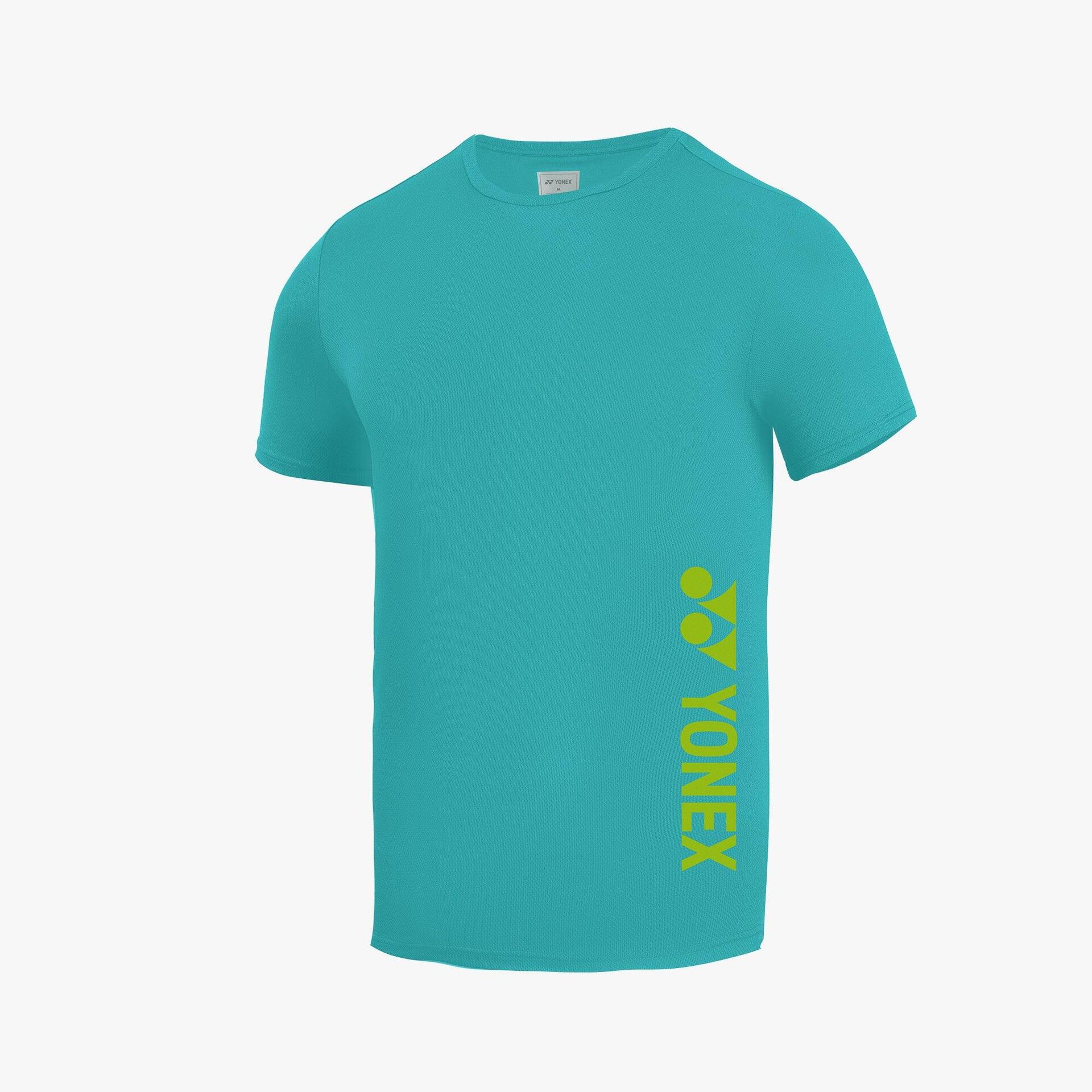 Áo cầu lông cổ tròn màu xanh ngọc turquoise, chữ YONEX và logo YY in dọc sườn phải màu xanh nõn chuối tương phản, thân áo trơn