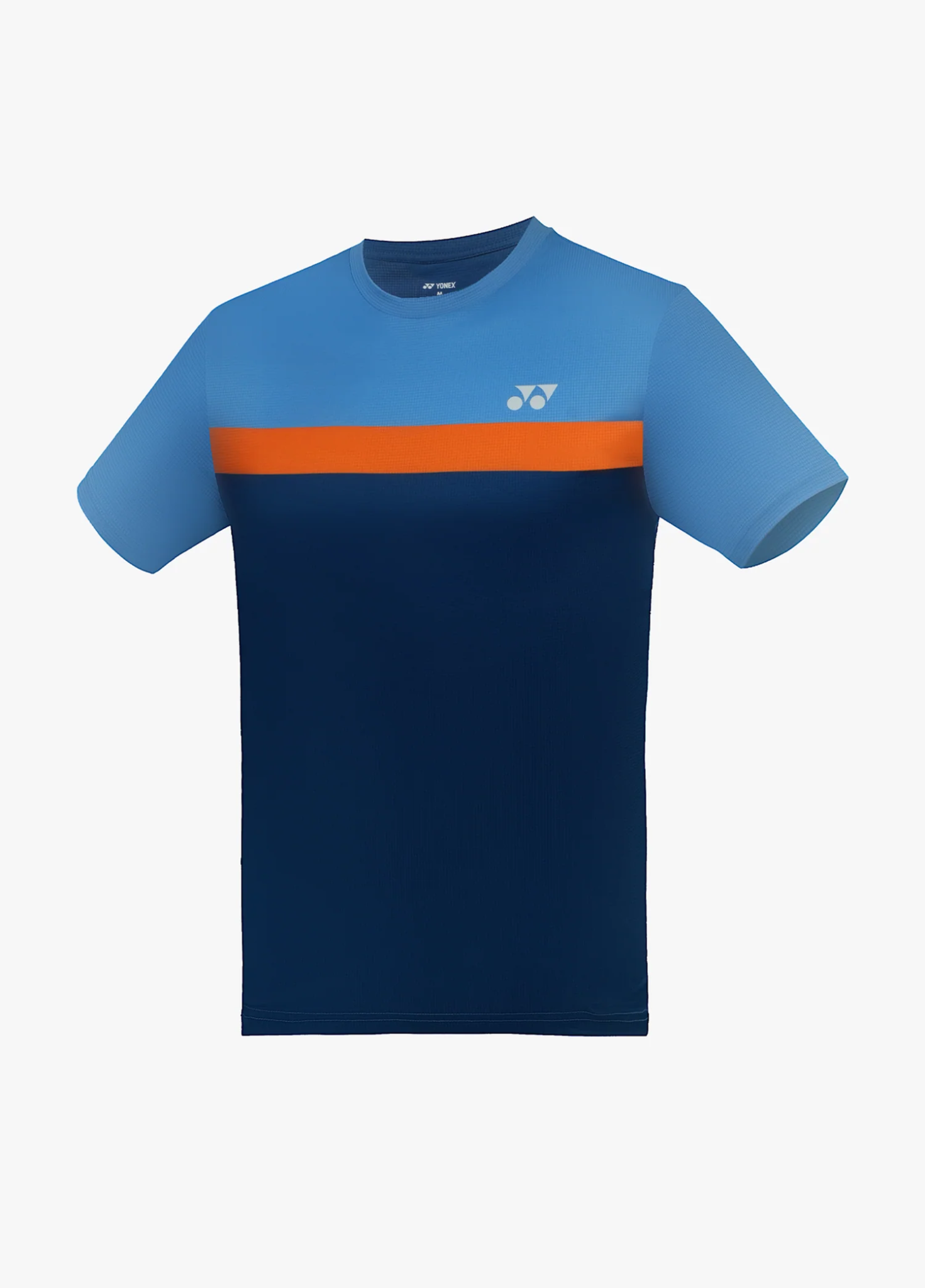 Áo cầu lông Yonex TRM3480 màu Marina, tầng trên xanh dương sáng, dải ngang cam qua ngực, tầng dưới navy, logo Yonex ngực trái