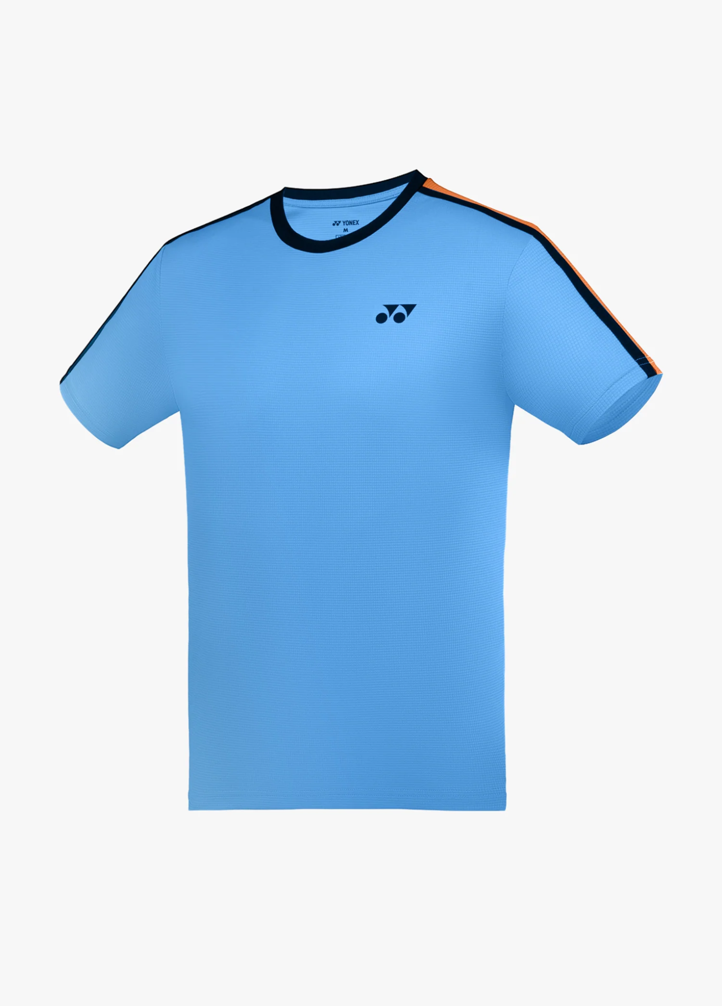Áo cầu lông Yonex TRM3488 màu Marina xanh dương sáng, thân trơn, bo cổ và dải viền navy phối cam chạy dọc vai xuống tay áo