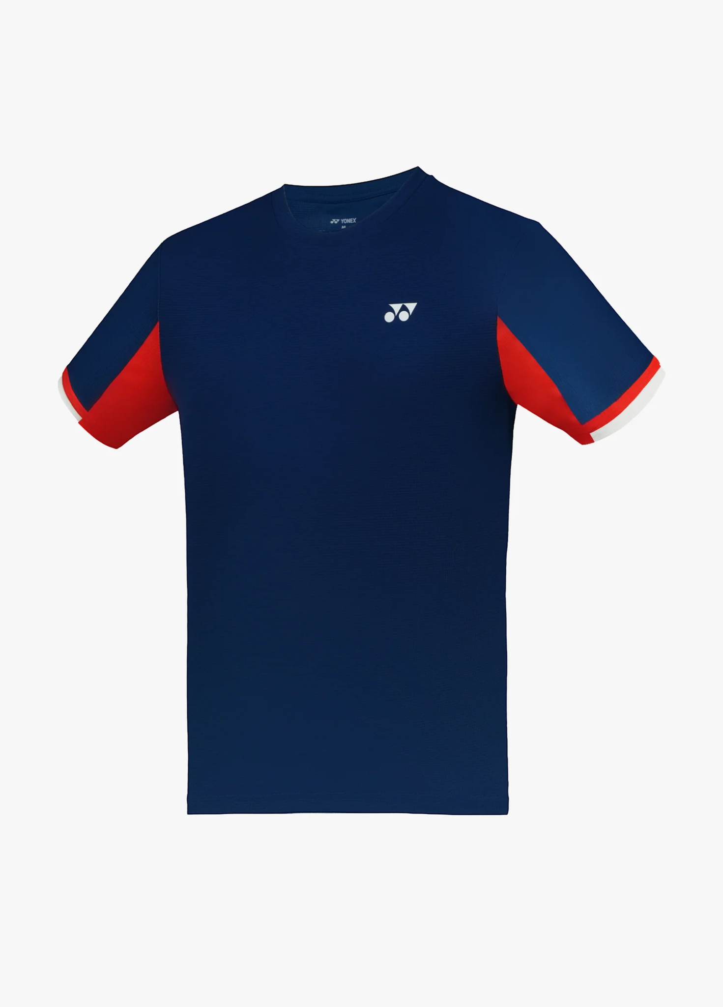 Áo cầu lông Yonex TRM3491 màu Mood Indigo xanh navy đậm, thân trơn, cửa tay phối khối đỏ viền trắng, logo Yonex trắng
