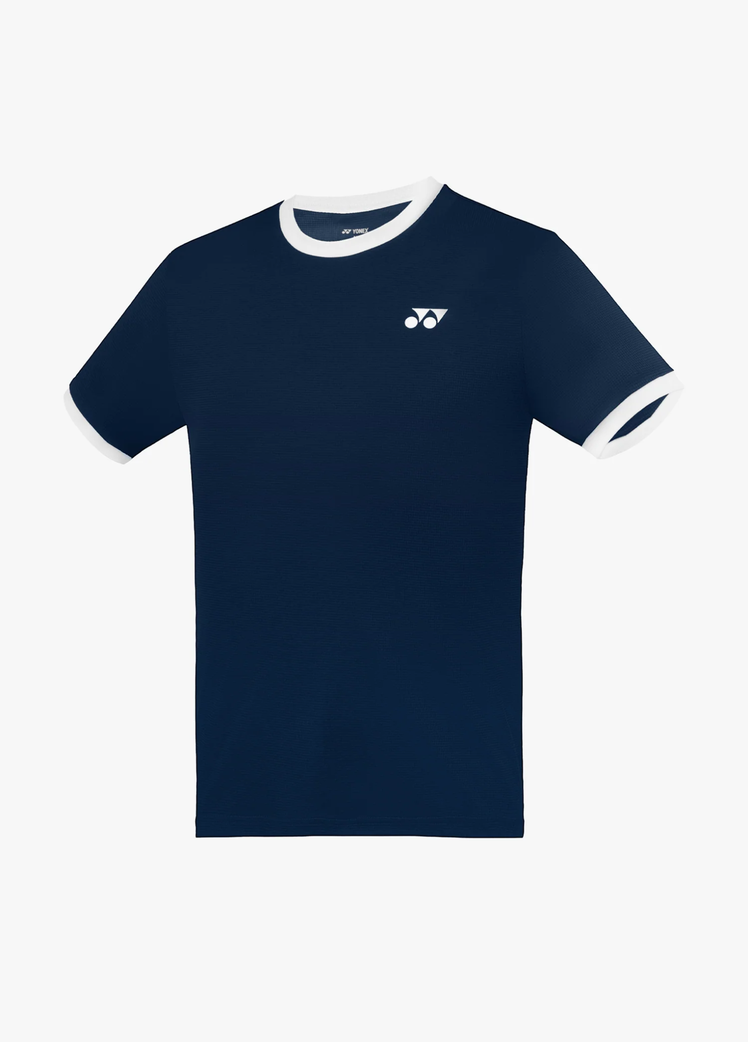 Áo cầu lông Yonex TRM3490 màu Mood Indigo xanh navy đậm, thân trơn, bo cổ và bo cửa tay trắng, logo Yonex trắng