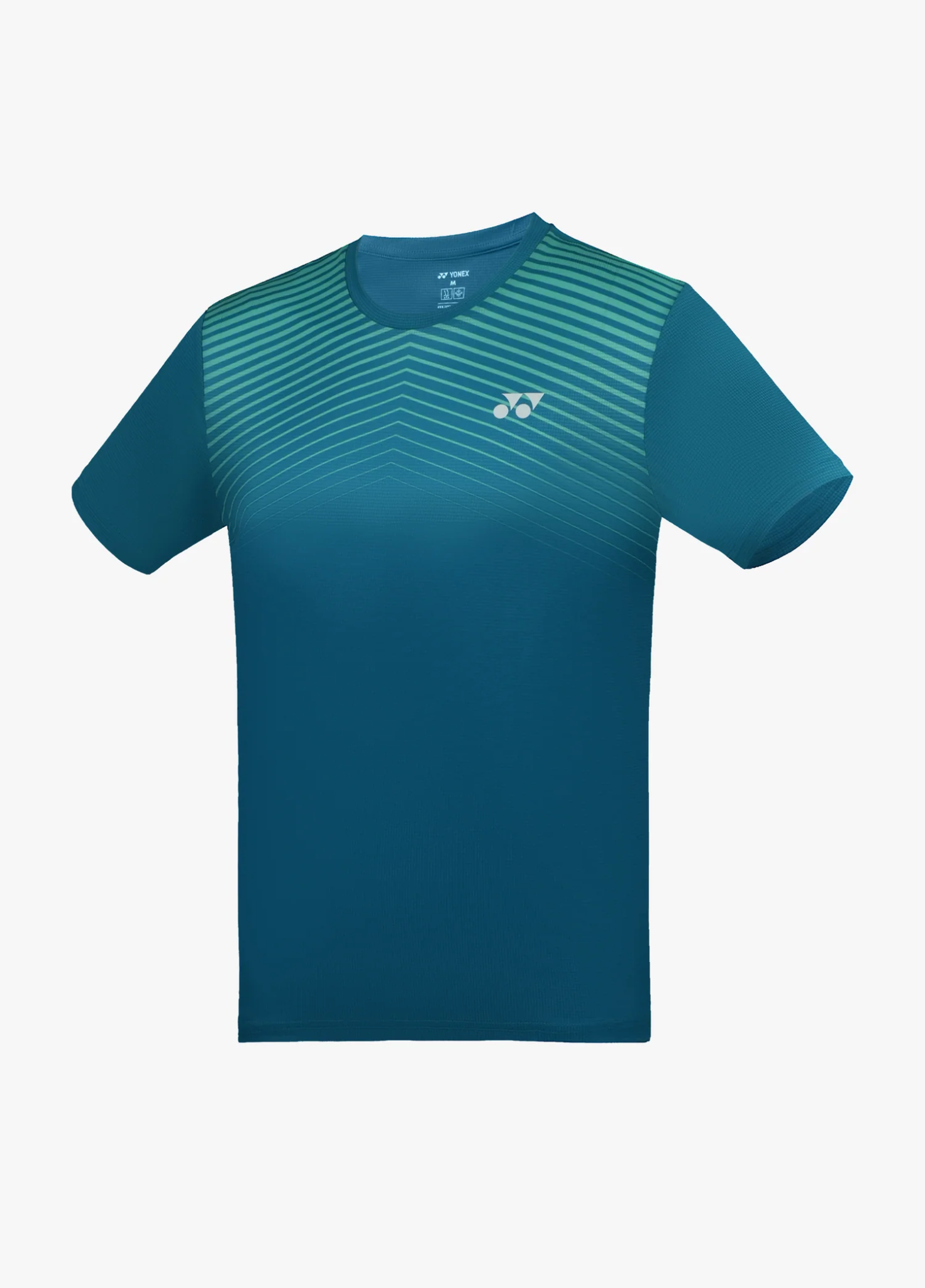 Áo cầu lông Yonex TRM3500 màu xanh petrol Mosaic Blue, họa tiết đường kẻ mảnh hình chữ V màu xanh ngọc ở vai và ngực trên mờ dần xuống thân, logo Yonex trắng giữa ngực, cổ tròn