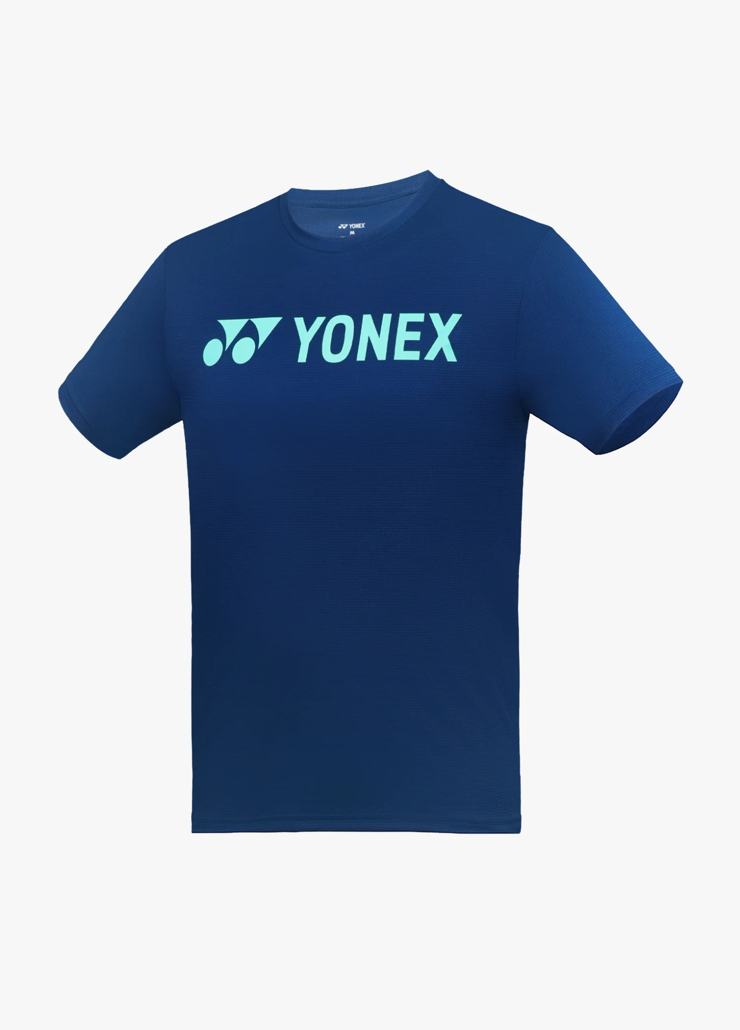 Áo cầu lông Yonex TRM3502 màu xanh navy trơn, logo YONEX chữ lớn màu xanh ngọc in ngang ngực, cổ tròn