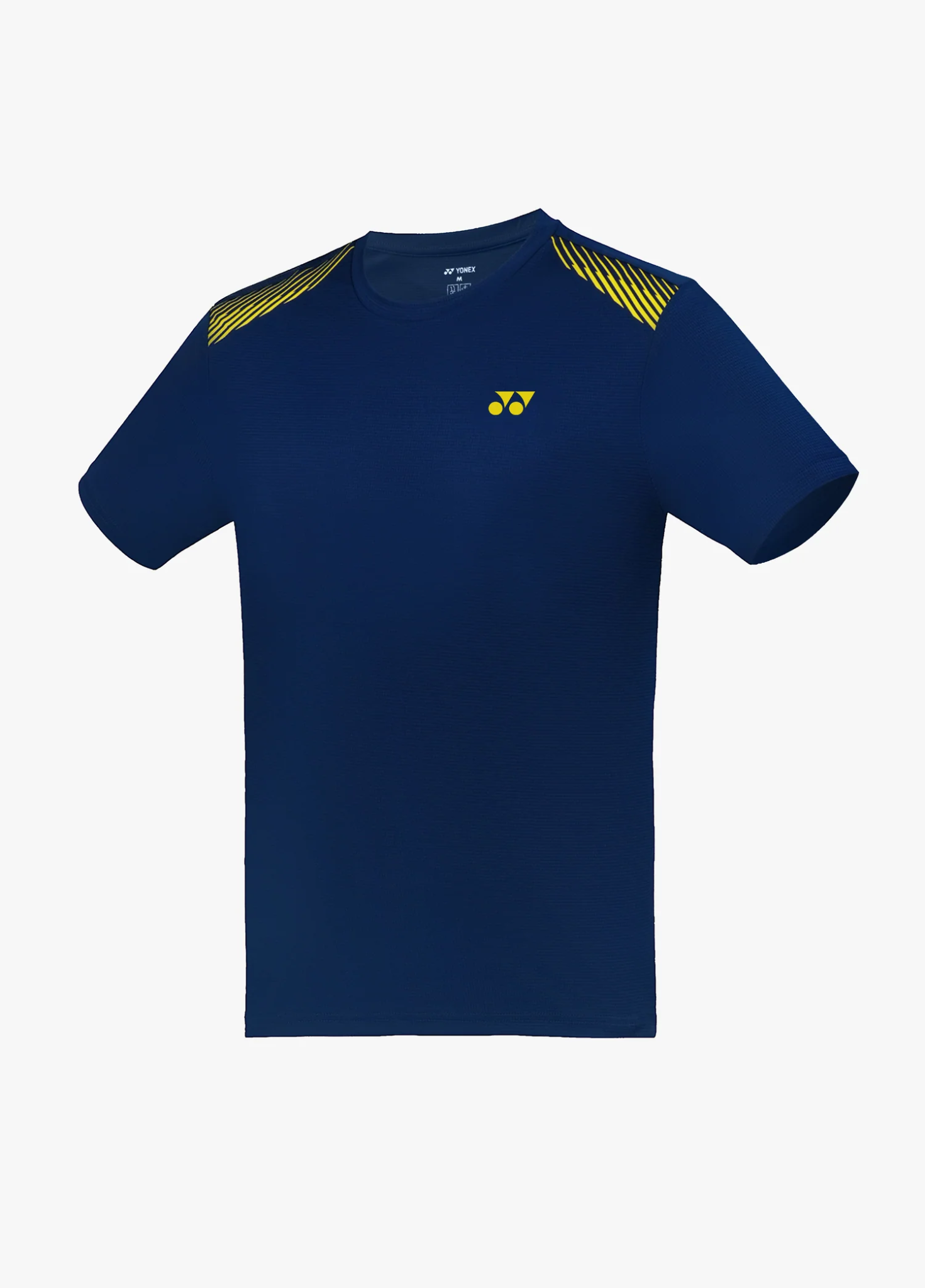 Áo cầu lông Yonex TRM3495 màu Navy Peony xanh navy đậm, vạch chéo vàng chanh trên hai vai, logo Yonex vàng chanh