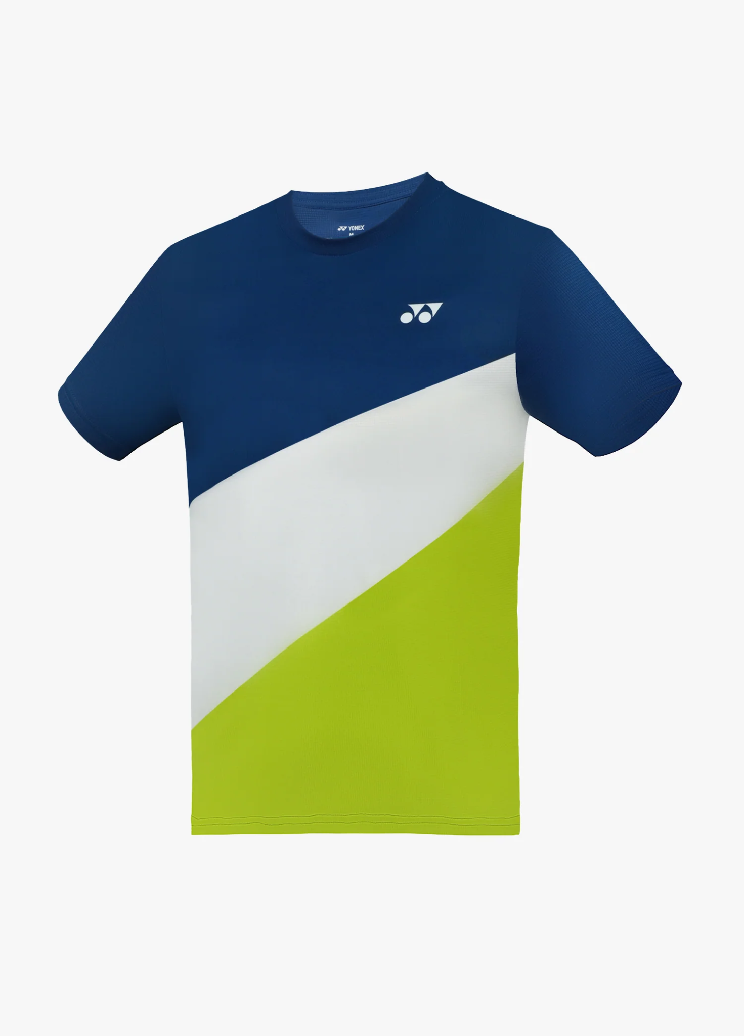 Áo cầu lông Yonex TRM3485 màu Navy Peony, thân chia ba mảng cắt chéo navy ở trên, dải trắng xám ở giữa, xanh lá chanh ở dưới