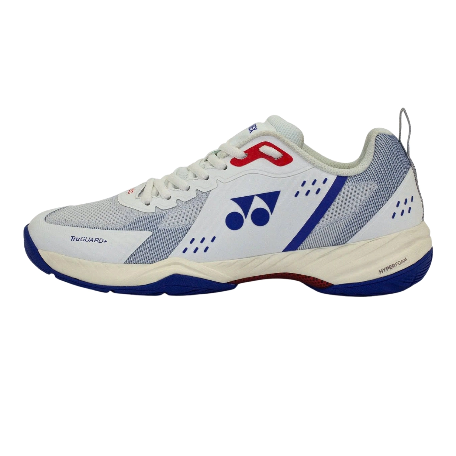 Giày cầu lông Yonex Hyperboom màu trắng phối xanh cobalt, thân lưới dệt trắng xám, logo YY xanh dương, chi tiết đỏ ở cổ giày, chữ TruGUARD+ ở mũi và HYPERFOAM ở đế giữa