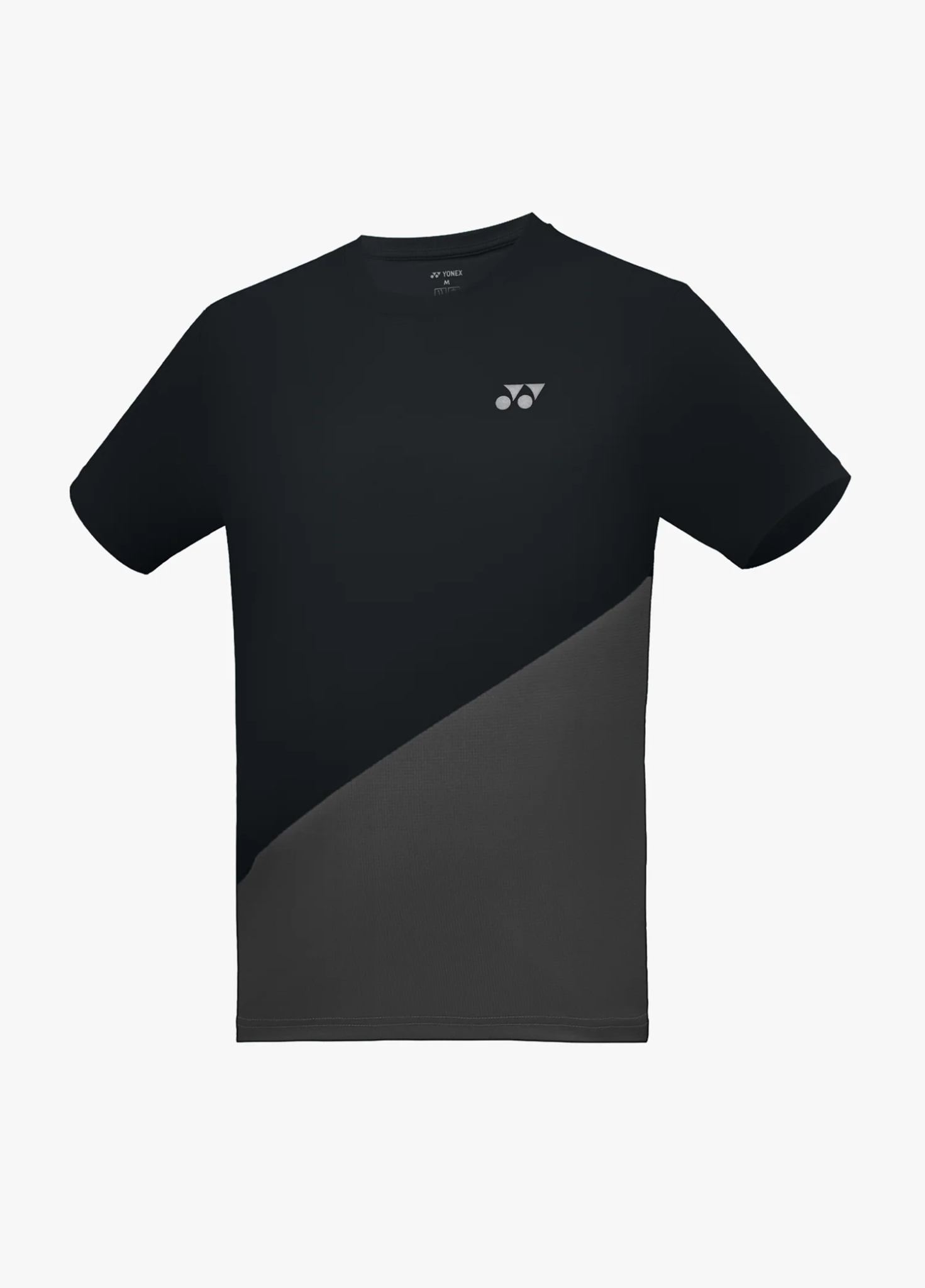 Áo cầu lông Yonex TRM3482 màu Odyssey Gray, nửa trên đen nửa dưới xám than chia bằng đường cắt chéo, logo Yonex trắng ngực trái